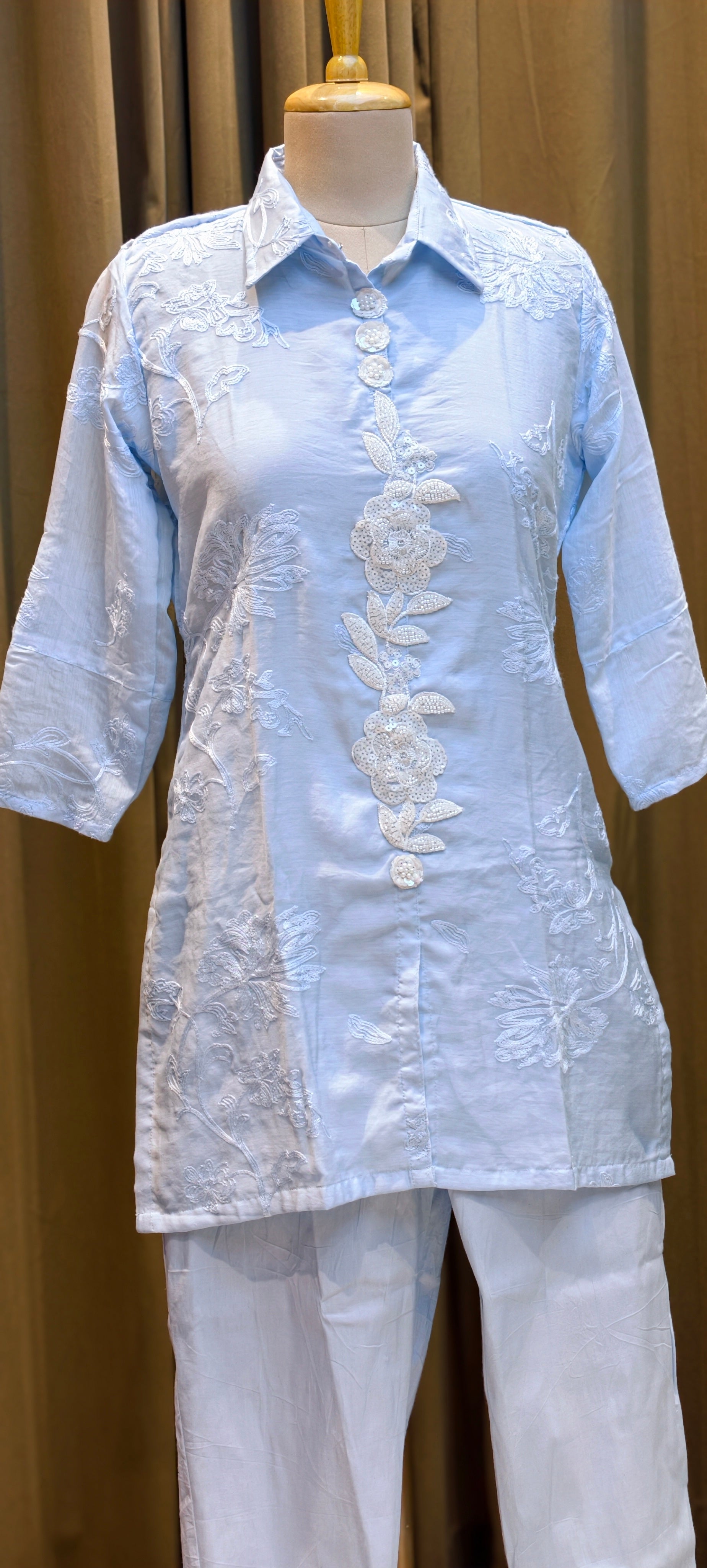 Pearl White Floral Embroidered Premium Cotton Co-Ord Set With Tiny Pearl & Sequin Placket- 13829