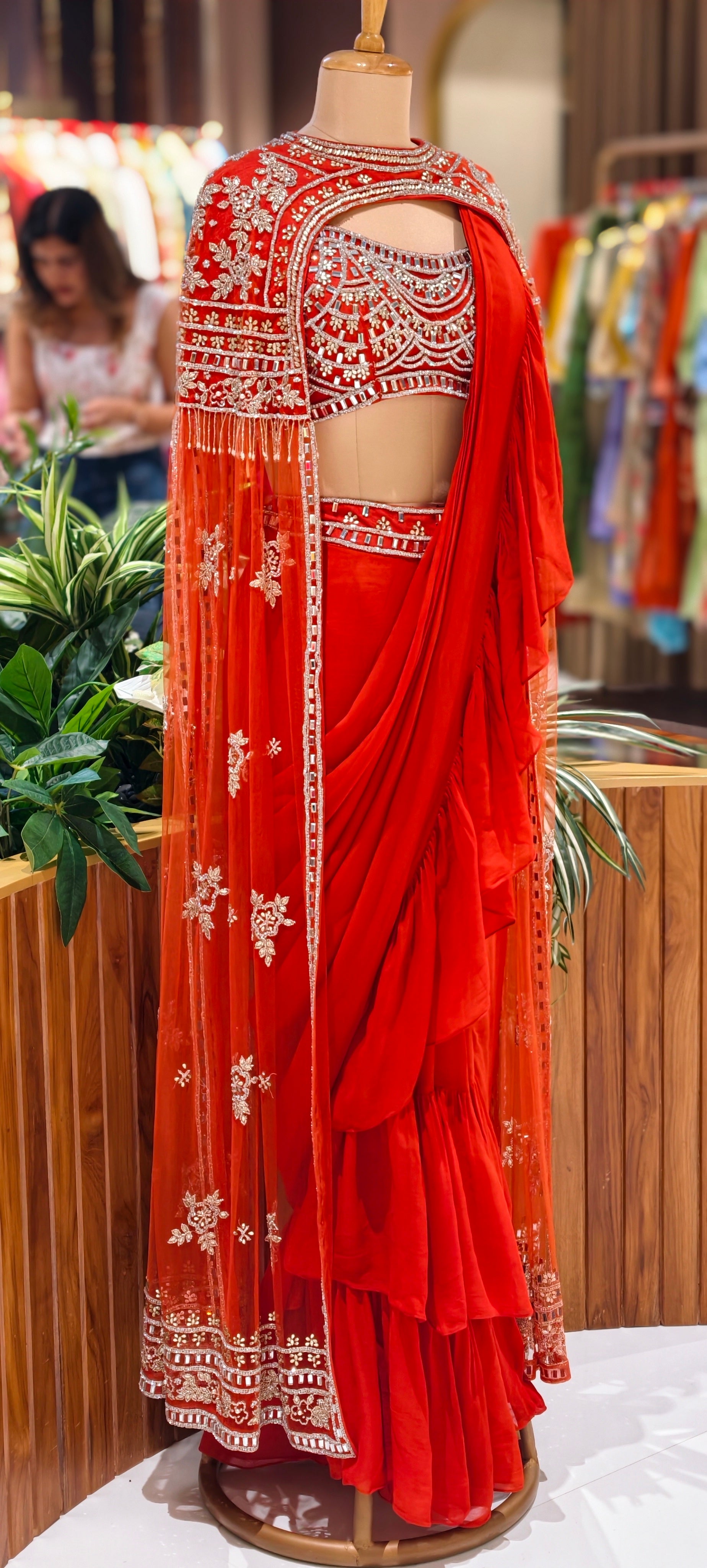 Elegant Rust Red Embroidered Drape Saree Set with Designer Cutwork Blouse & Ruffle Dupatta 14093 RB69