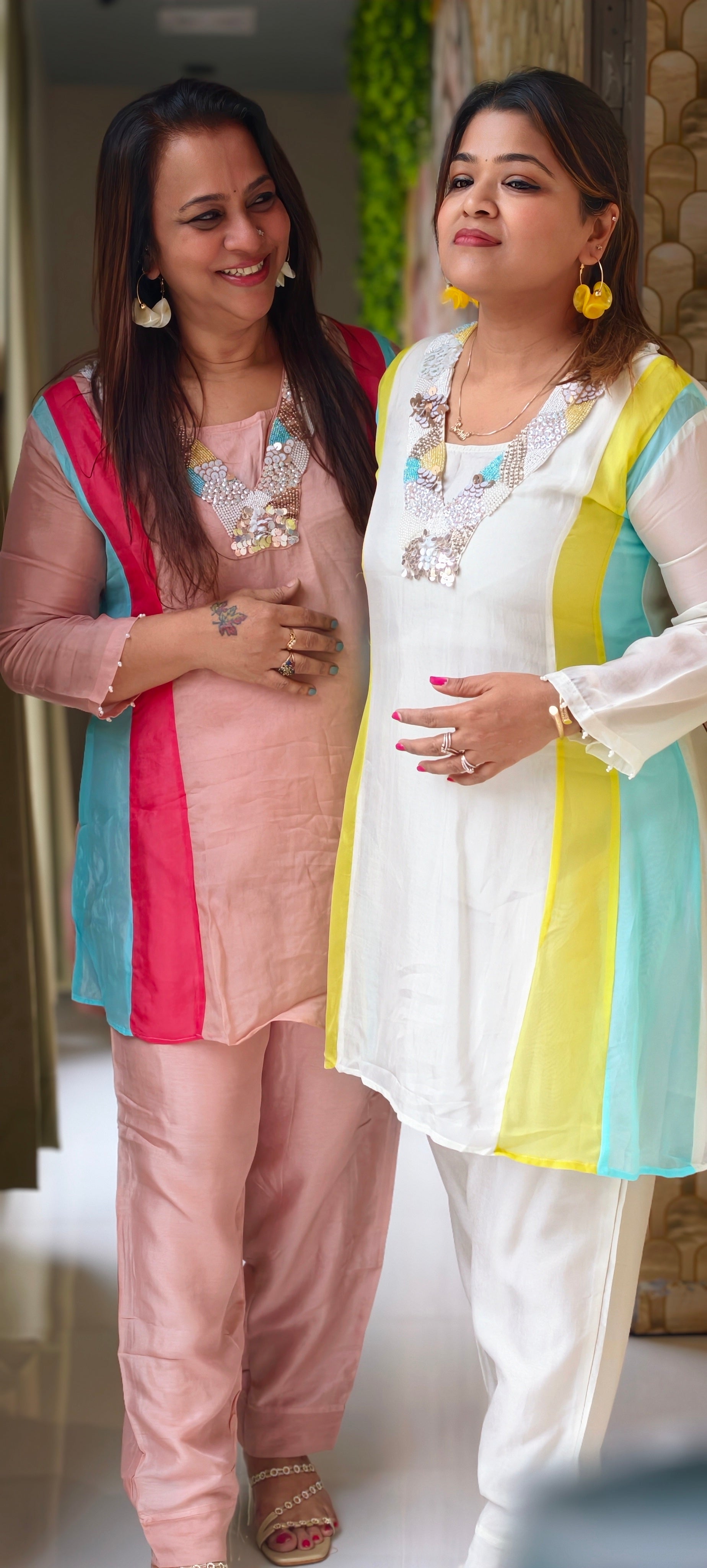 Handcrafted Neck Embroidery Royal Pastel Multicolor Panelled Kurta Pant With Inner- 15850