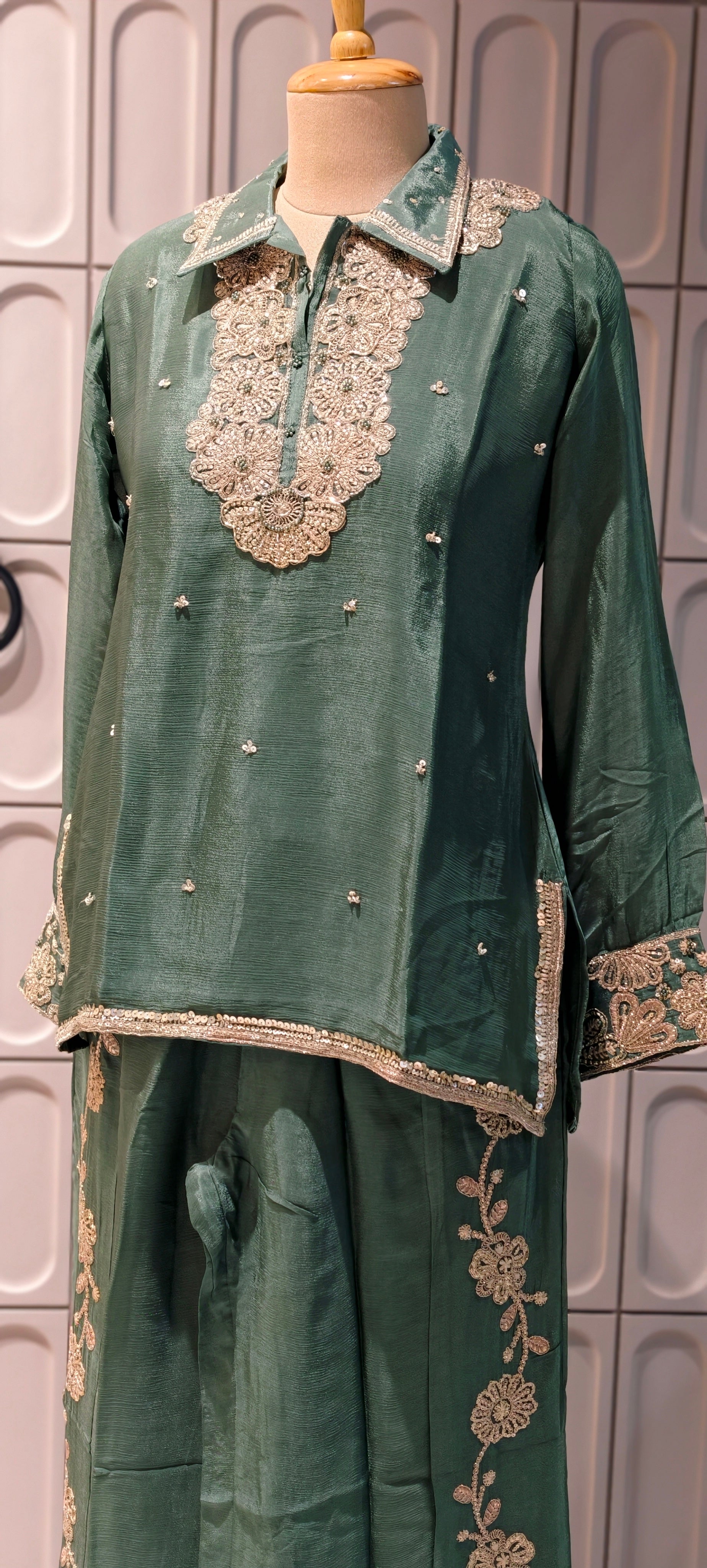 Designer Shirt Style Kurta Luxury Chinon Fabric Co-Ord Set with Intricate Embroidery 13996 RB07