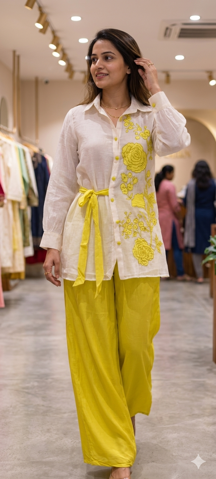 Elegant Chanderi Fabric Shirt Style Kurta Set with Yellow Floral Embroidery, Side Tie-Up Detail & Flowy Palazzo Pants-13958