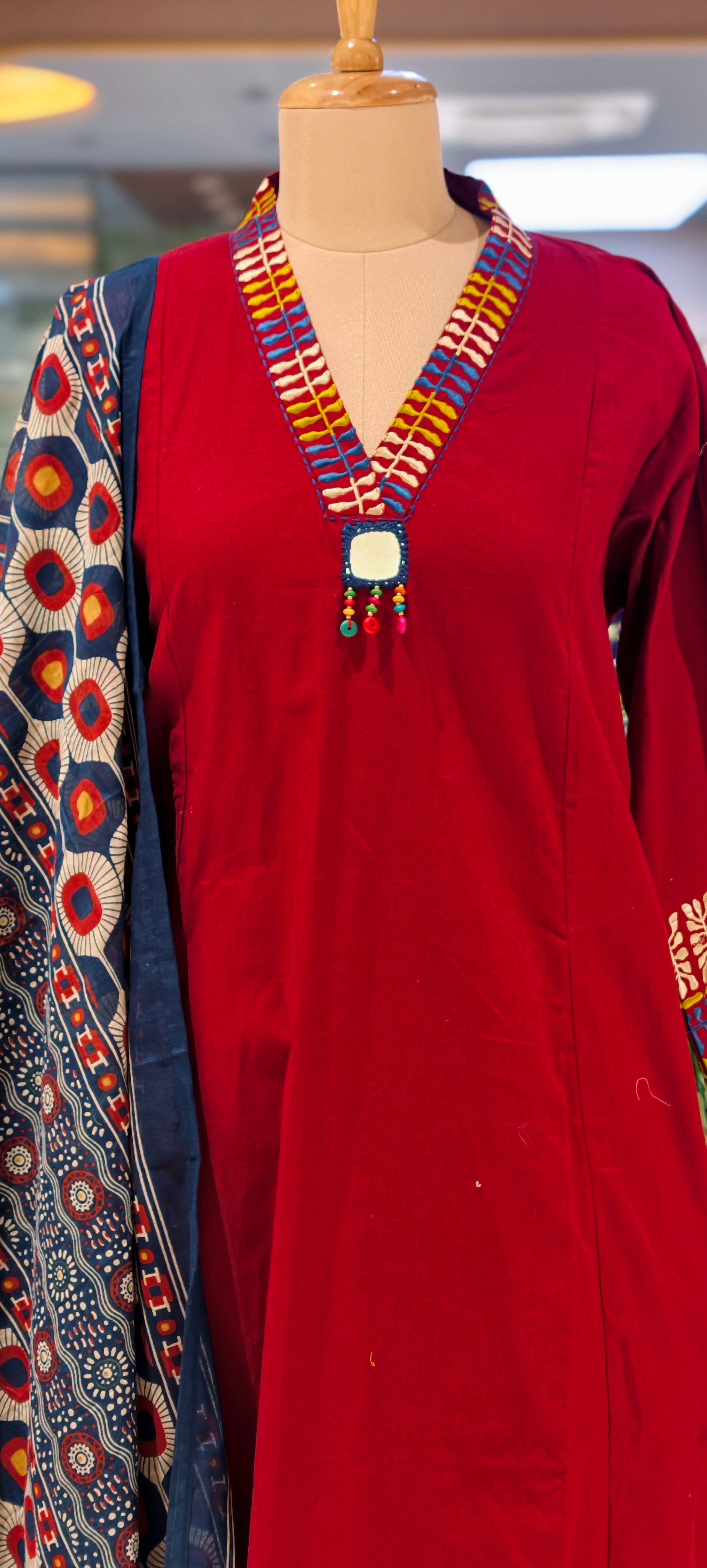 Premium Cotton Ethnic Suit Set with Ajrakh Printed Dupatta & Statement Neck Detailing 13915 RB38