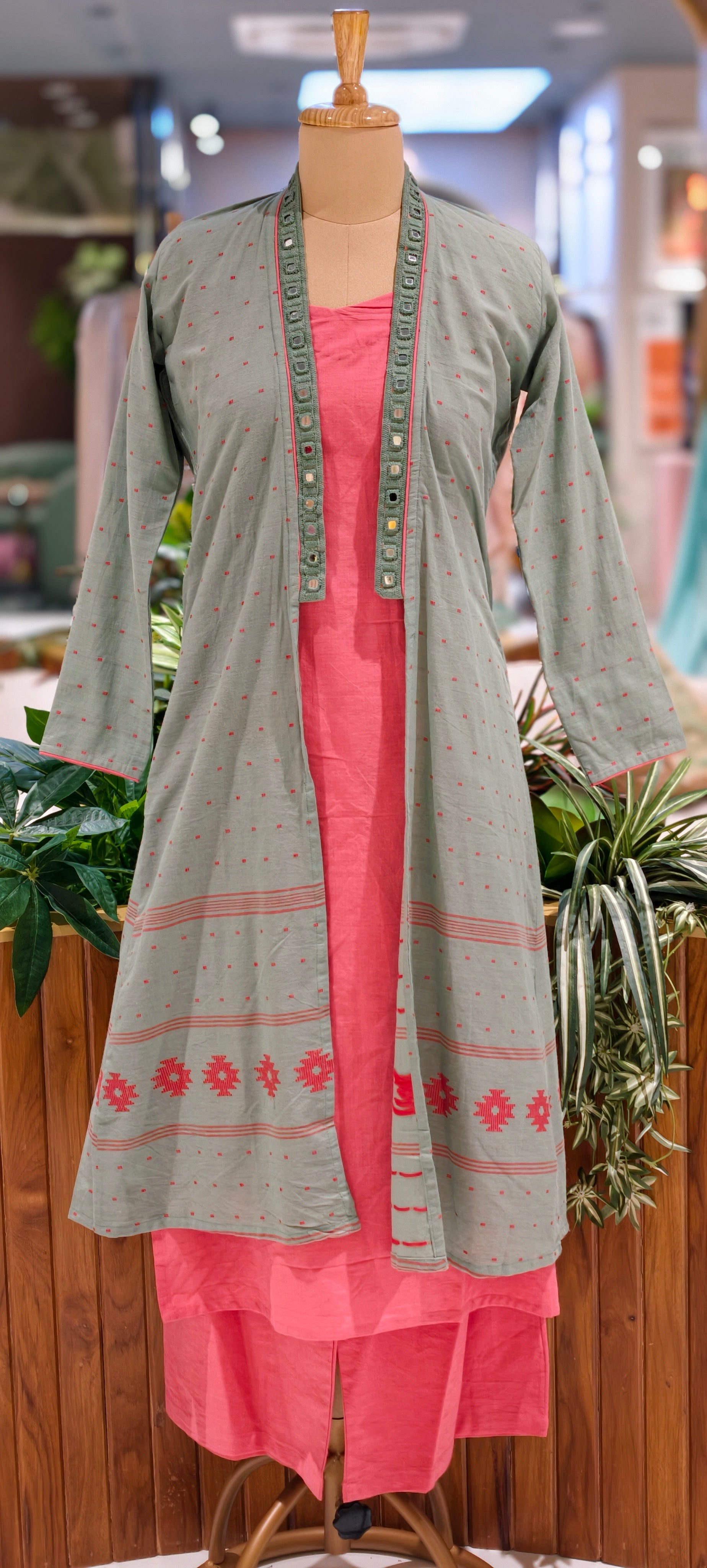 Elegant 3-Piece Layered Kurta Set with Inner, Pants & Embellished Shrug In Cotton Fabric-14193 RB178