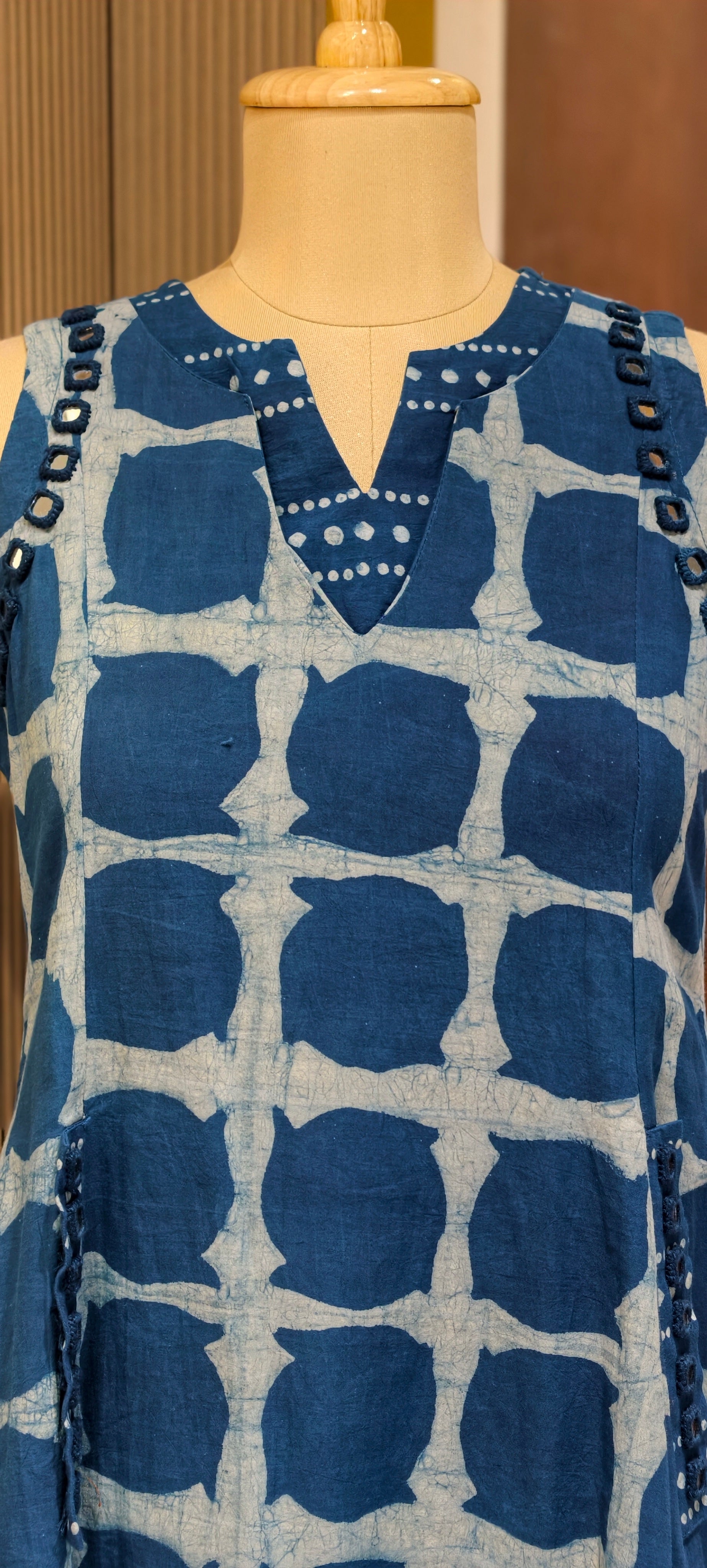 Handloom Cotton Sleeveless Frock with Shibori Print with Pockets-14183 RB174