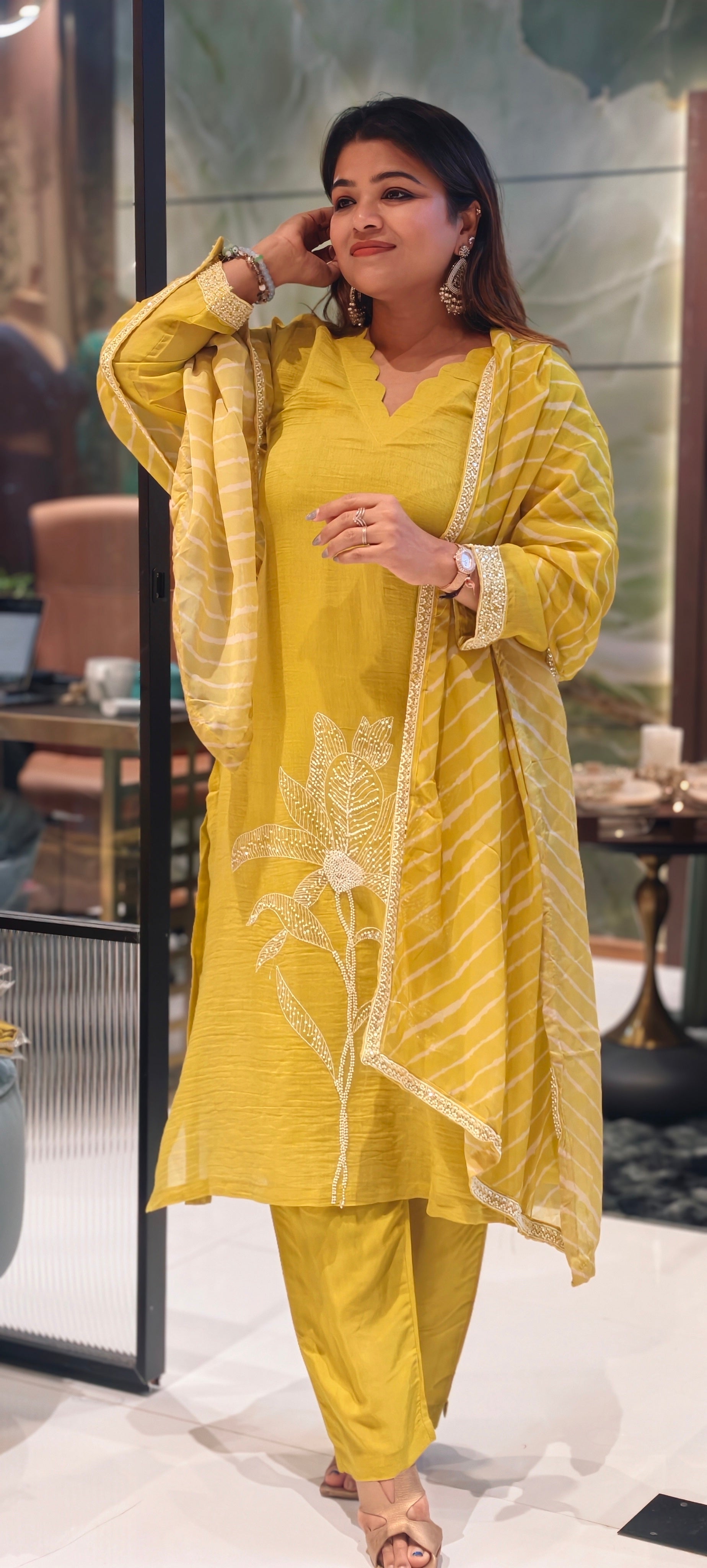 Mustard Yellow Floral Embroidered Kurta Pant Set with Striped Organza Dupatta Fabric Pure Banarasi Mulchanderi -13790