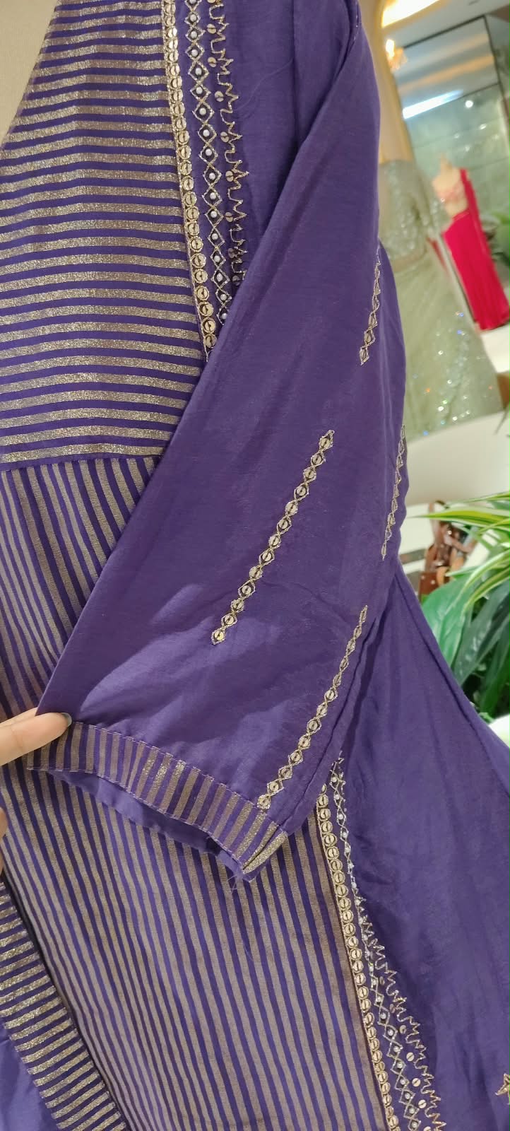 Golden Stripes Intricate Sequin Embroidery Banarasi Mul Chanderi A-Line Full Suit Set With Matching Dupatta- 16339