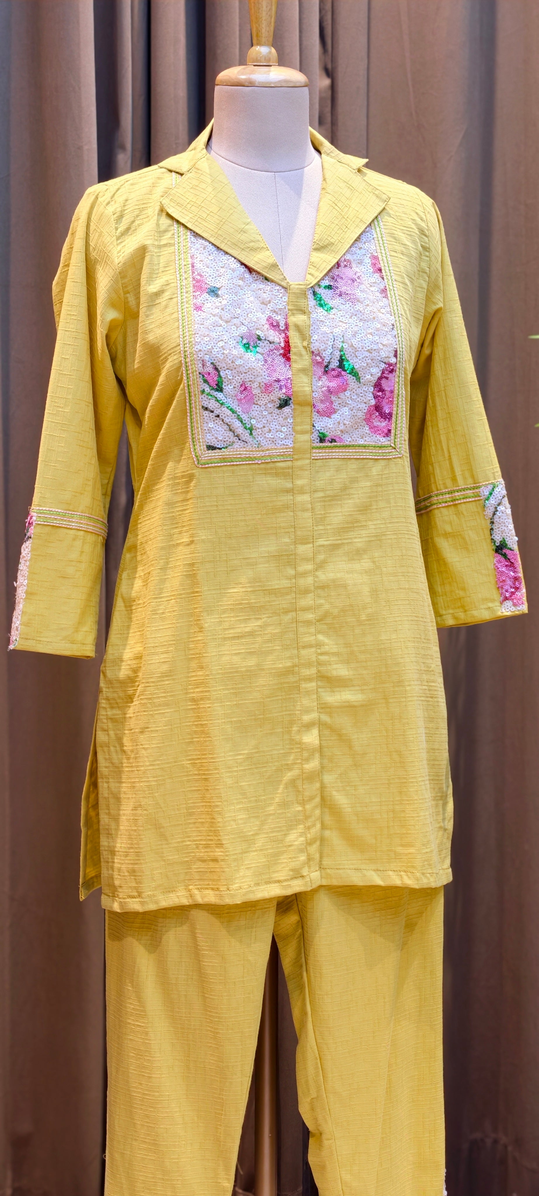 Beautiful Premium Cotton kurta pant set floral printed and embellished front panel-13932