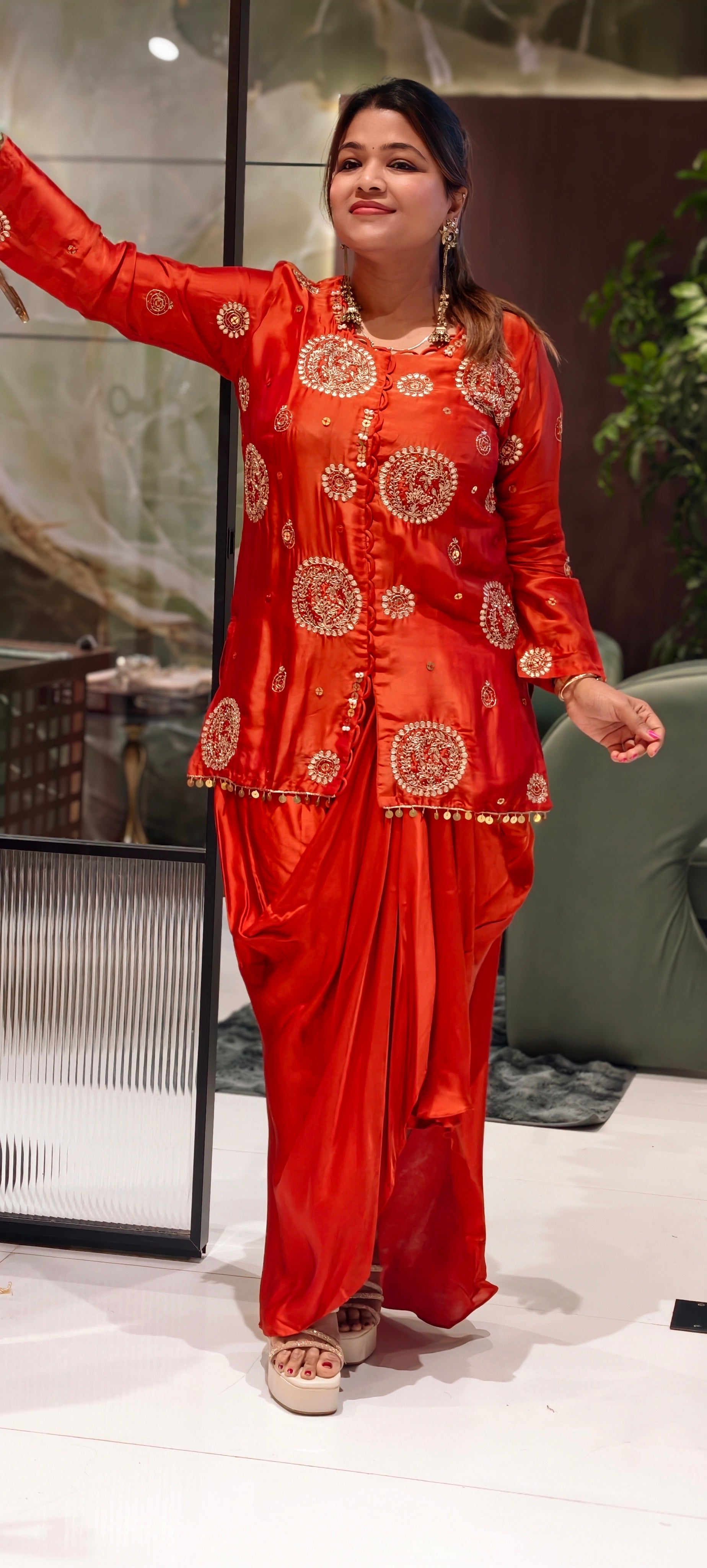Heavy Handwork Premium Gotta With Sequin & Pearl Elegance Modal Satin Festive Co-Ord Set With Drape Skirt Bottom- 15854