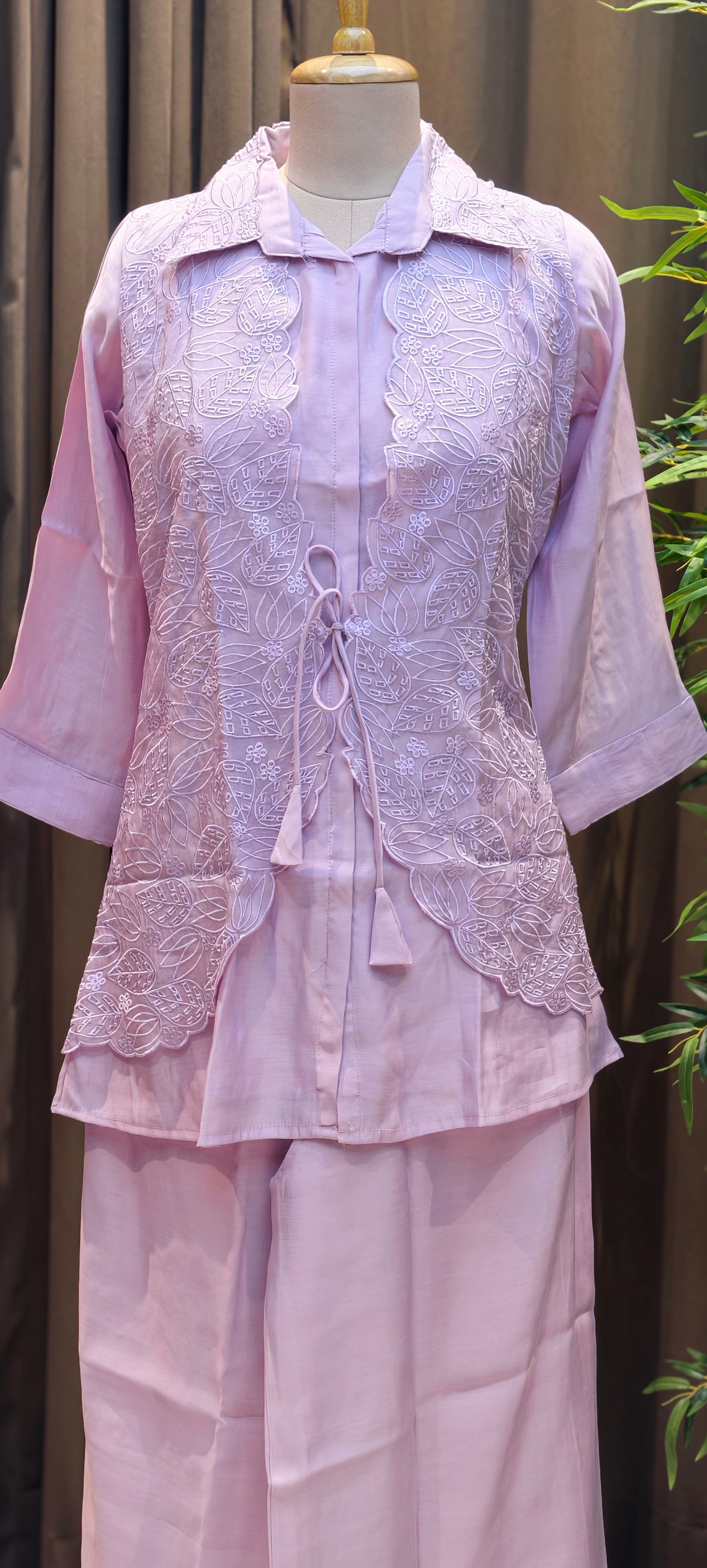 Pastel Surat Mul Chanderi Kurta Set with Statement Embroidered Attached Jacket-13904