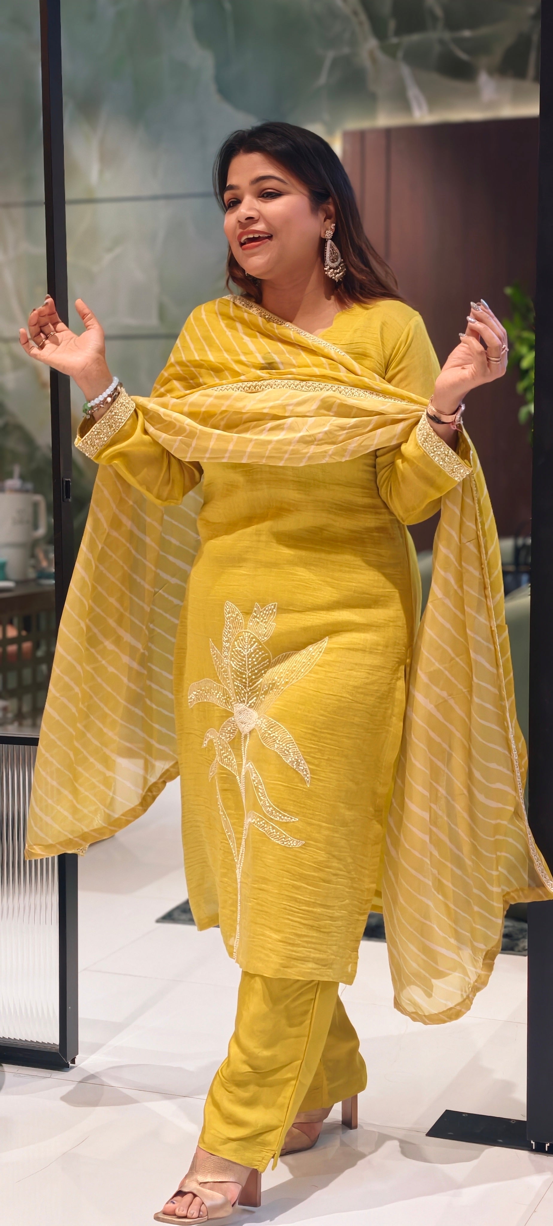 Mustard Yellow Floral Embroidered Kurta Pant Set with Striped Organza Dupatta Fabric Pure Banarasi Mulchanderi -13790