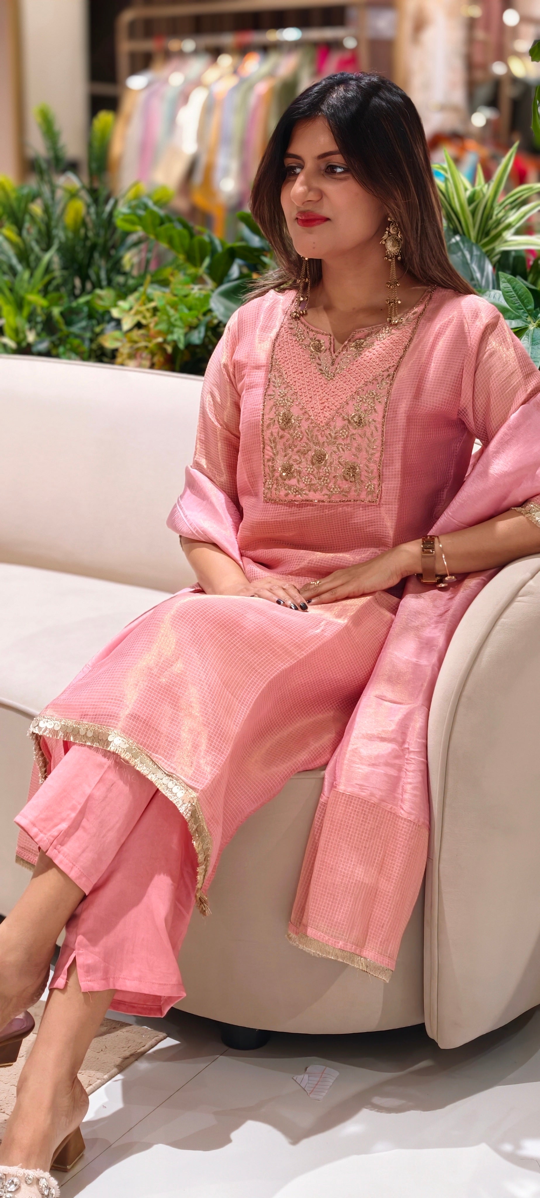 Blush Kota Tissue Checks Elegant Yoek Embroidery Staright Full Suit Set With Dupatta- 16244