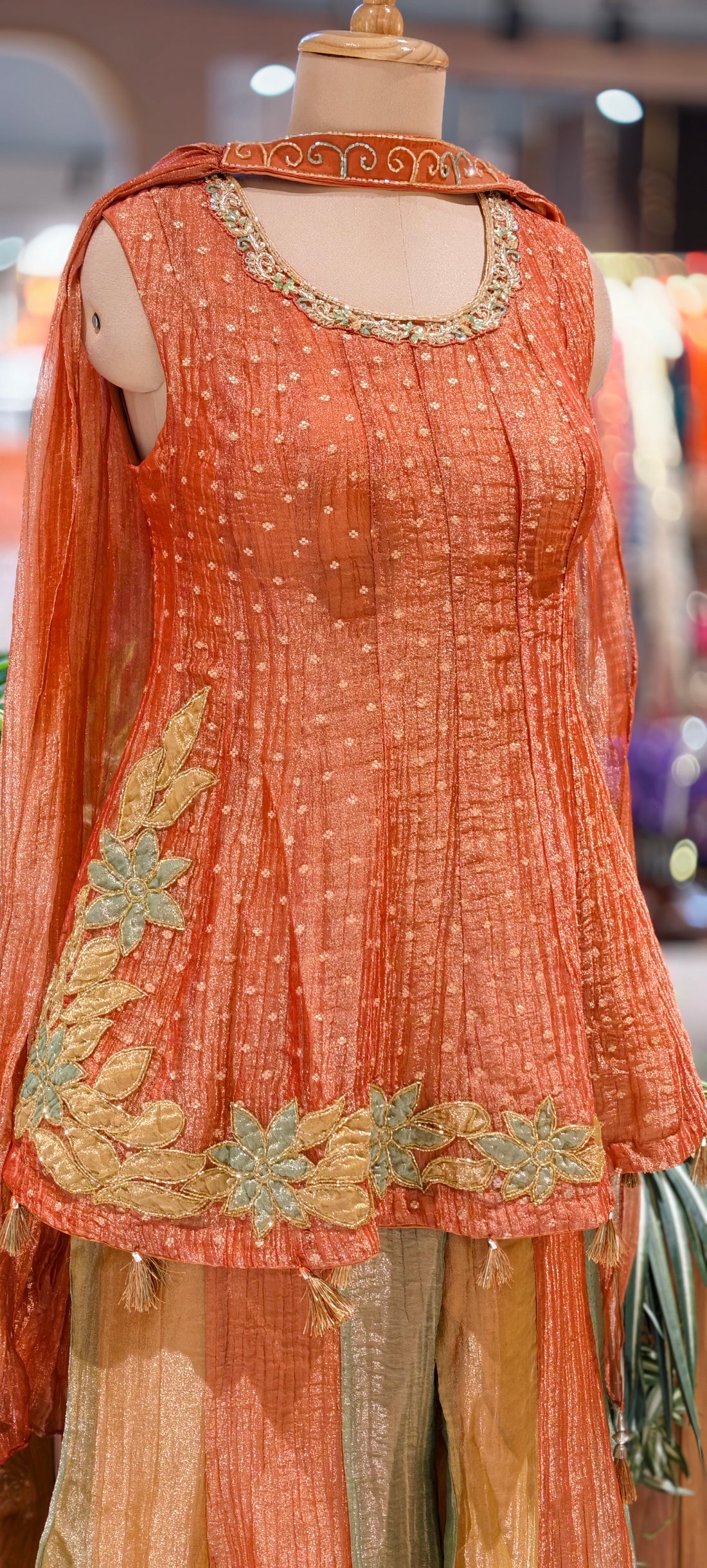 Peach Crush Tissue Peplum short Top with Floral Embroidered Border, Tassel Detailing & Multi-Tone Panel Palazzo Pants with choker Dupatta  inside Sleeves Seperate 16893