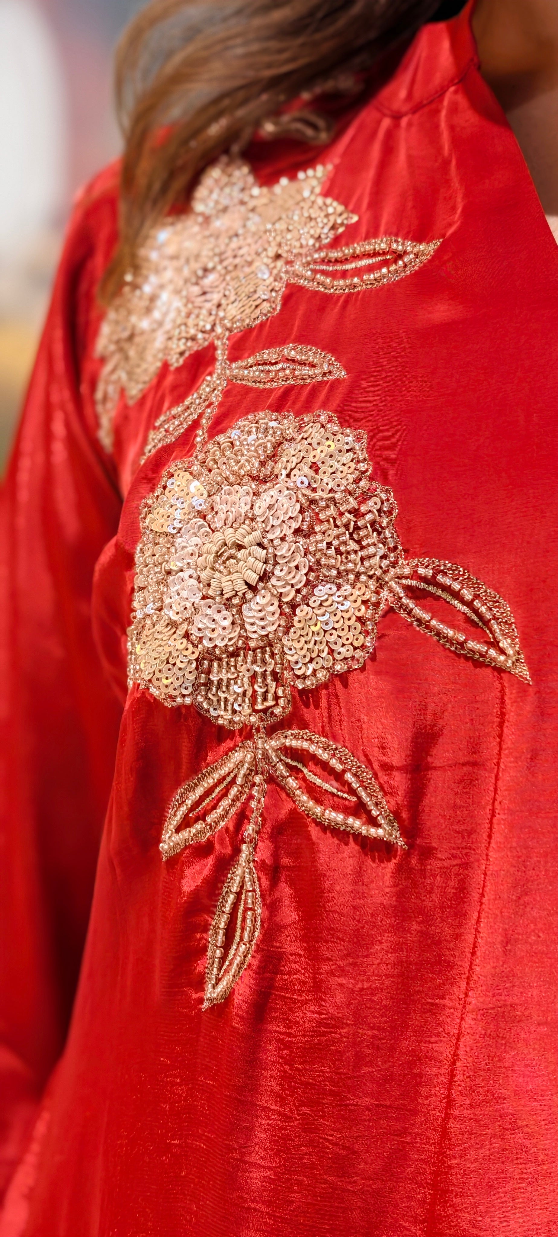 Hand-Embroidered Floral Motif Crepe Top & Straight-Fit Bottom Set 13906