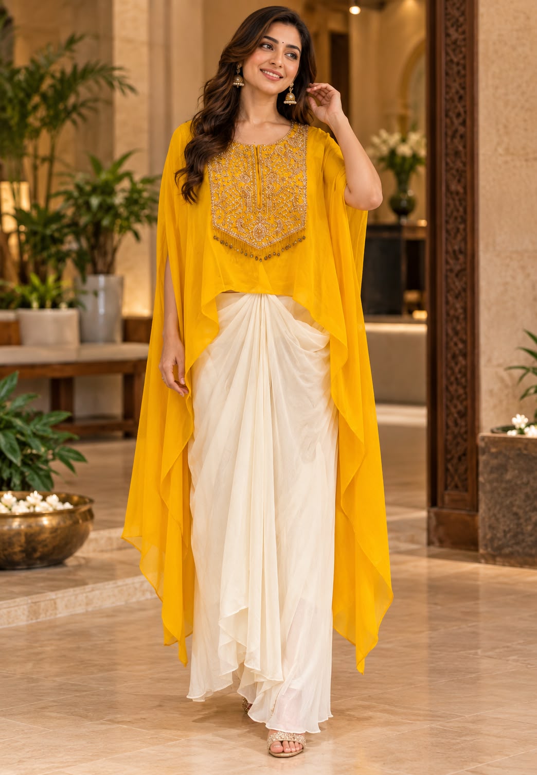 Elegant Chinon Indo-Western Dhoti Style Set with Heavy Golden Embroidery, Designer Cape Top & Flowing Draped Bottom 16825
