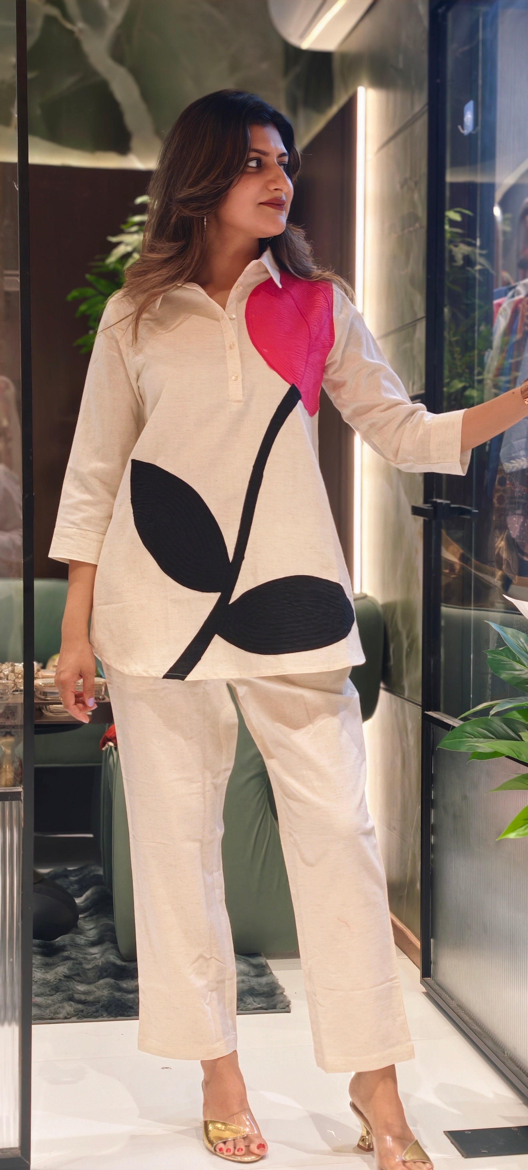 Modern Botanical Cotton Co-ord Set Floral Applique Tunic with Tailored Straight-Fit Pant