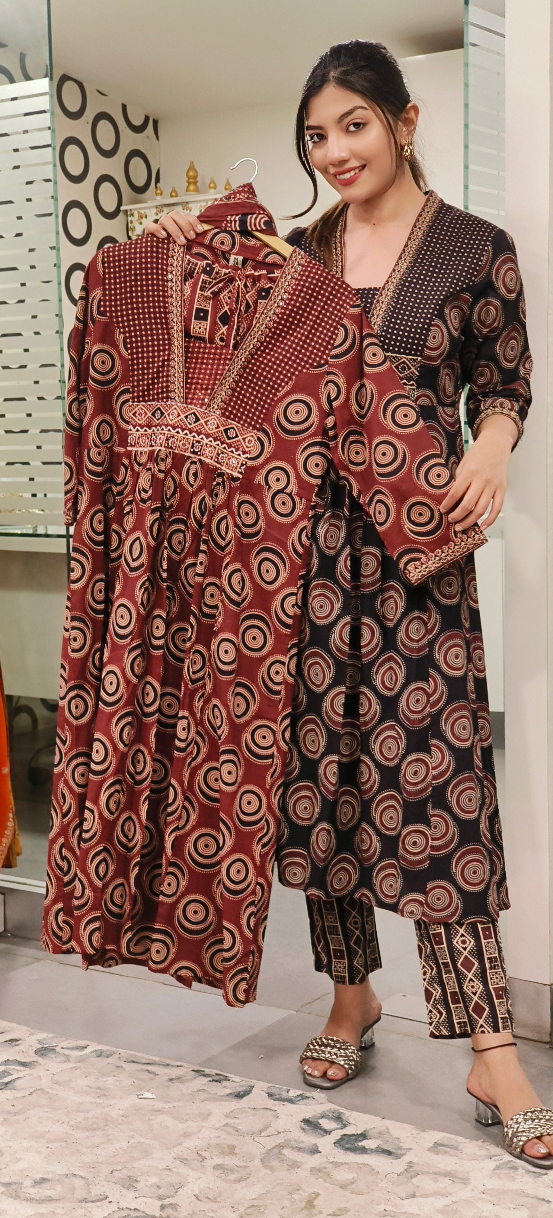 Elegant Pure Cotton Printed A-Line Kurta with V-Neckline, Coordinated Pants, and Dupatta – Perfect for Effortless Grace