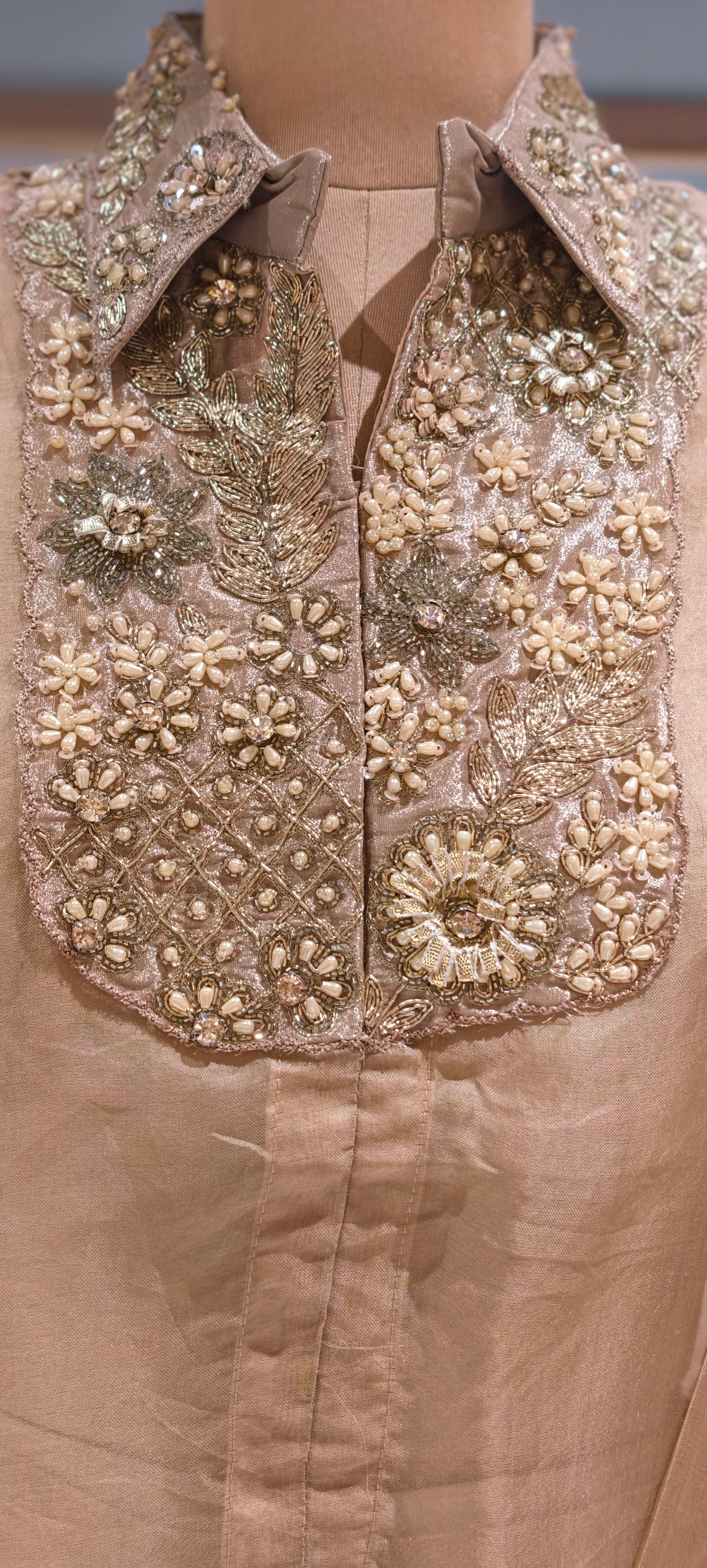 Elegant Champagne Gold Tissue Cord Set with Bustier, Designer Embroidered Shirt & Stylish Tissue Tapered Palazzo Pants- 16894