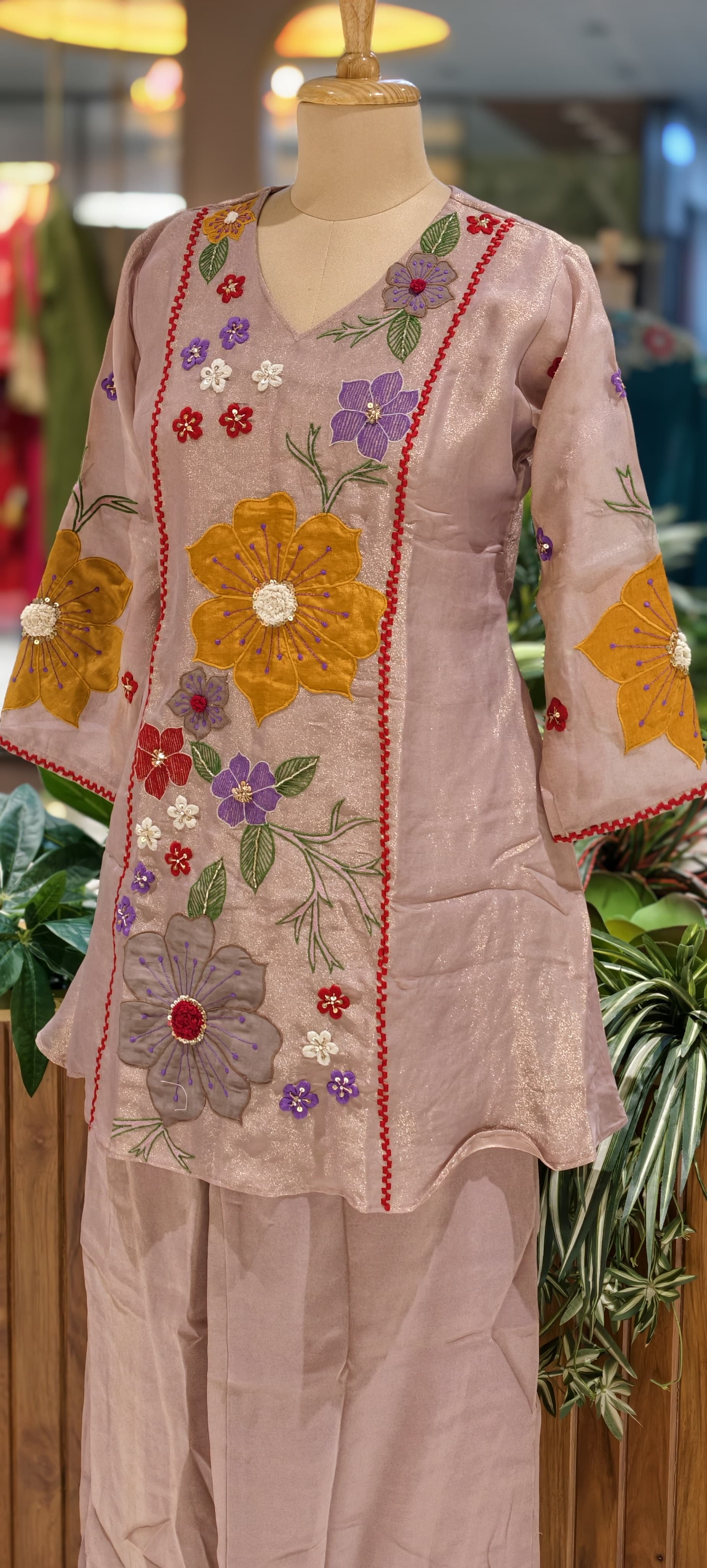 Luxury Shimmer Tissue Hand Embroidered Kurta with Palazzo Set-13812