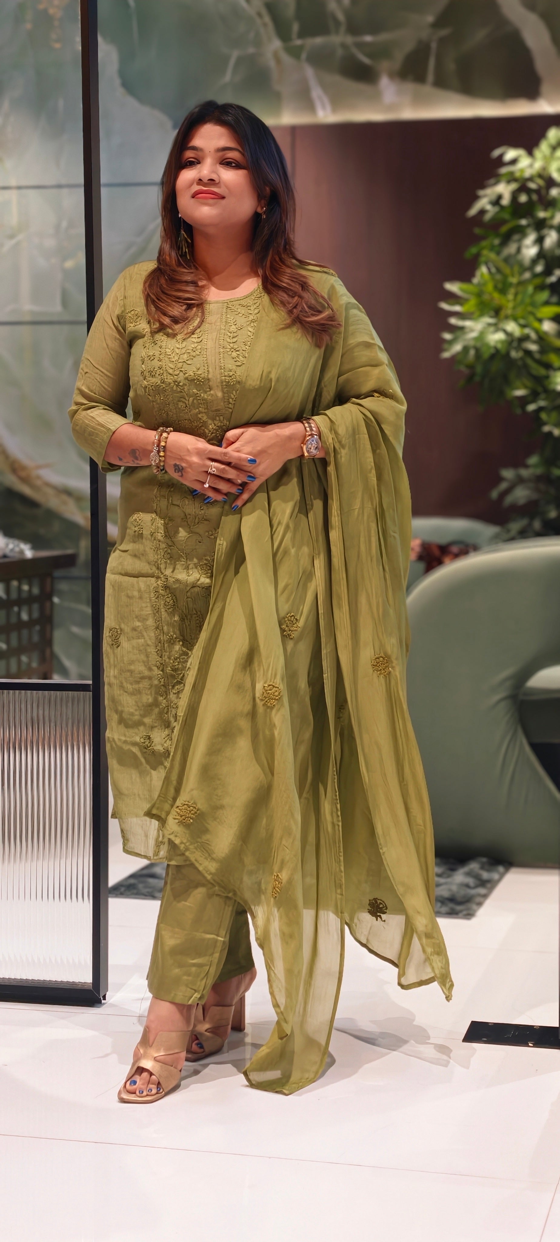 Premium Crush Mul Chanderi Fabric Straight Cut Full Suit Set with Intricate Self Thread Embroidery 14084 RB96