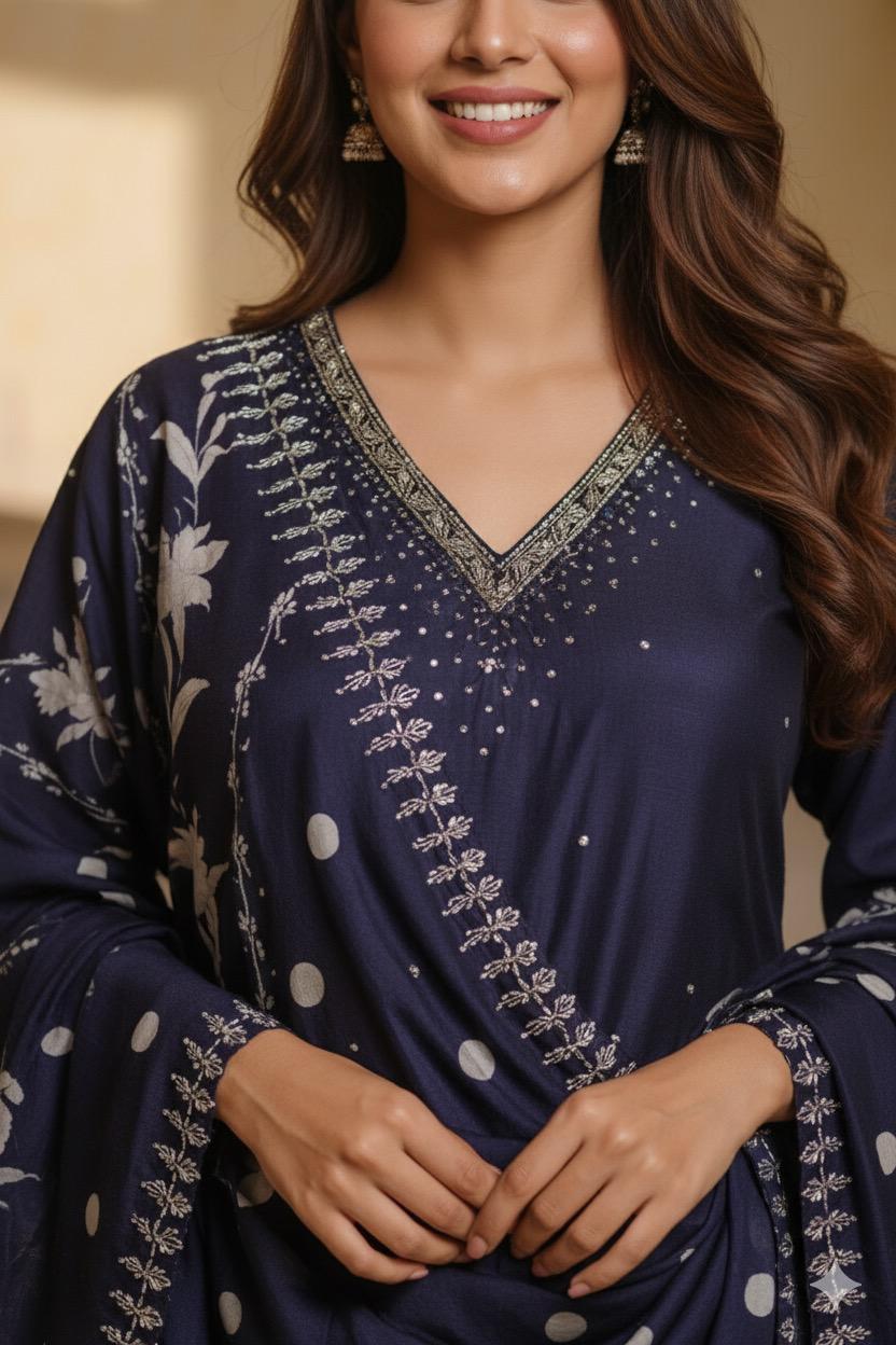 Dotted Tiny Foil Minimal Floral Printed Full Suit Set With Dupatta In Dola Silk Fabric- 11667