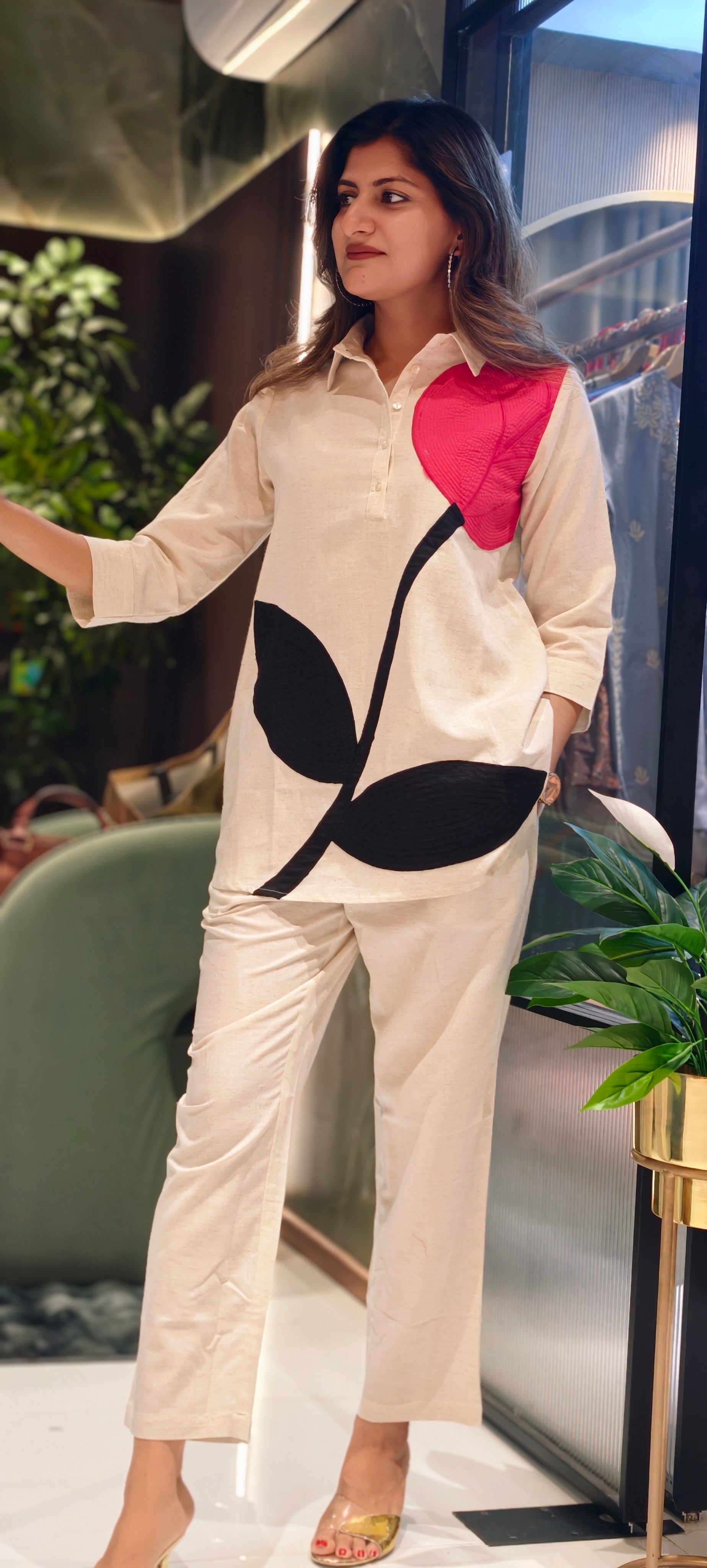 Modern Botanical Cotton Co-ord Set Floral Applique Tunic with Tailored Straight-Fit Pant