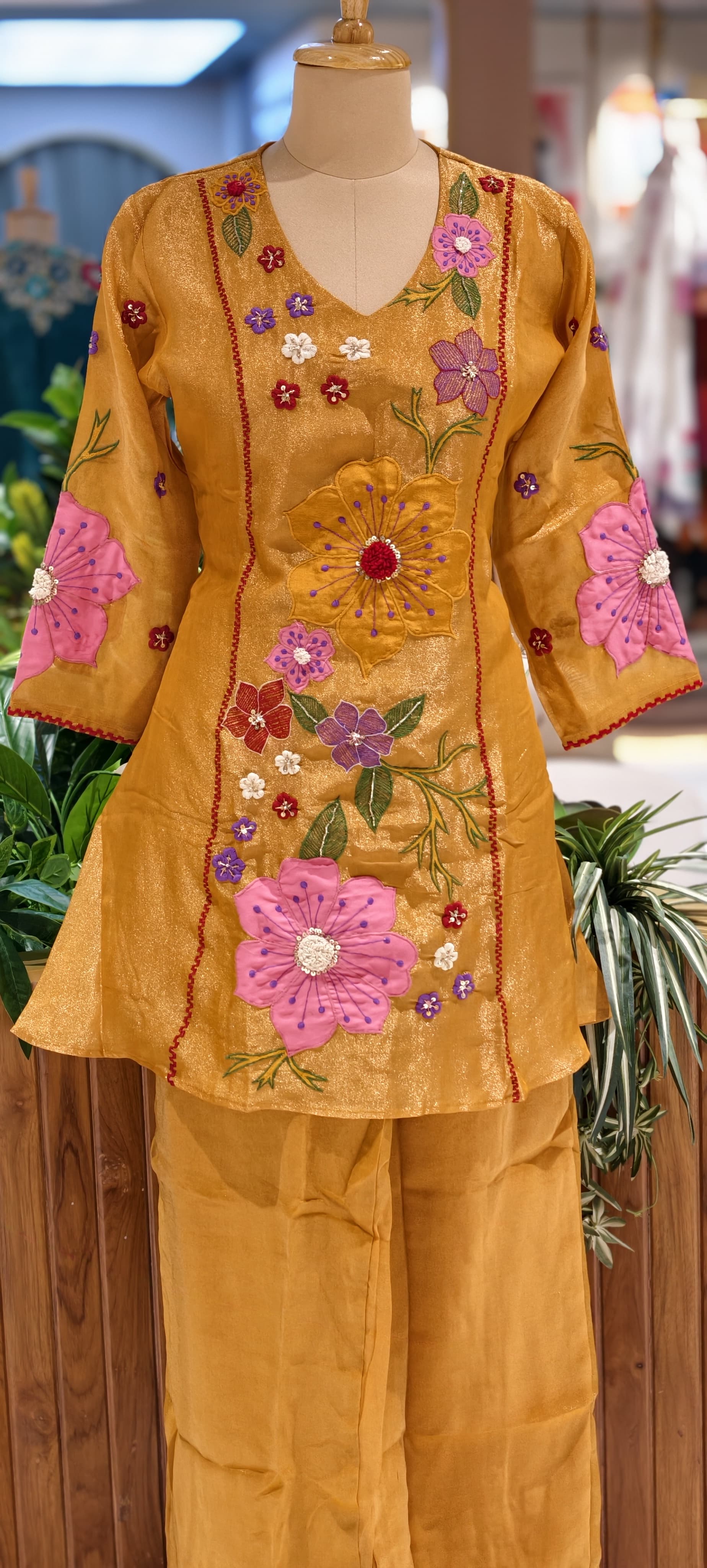 Luxury Shimmer Tissue Hand Embroidered Kurta with Palazzo Set-13812