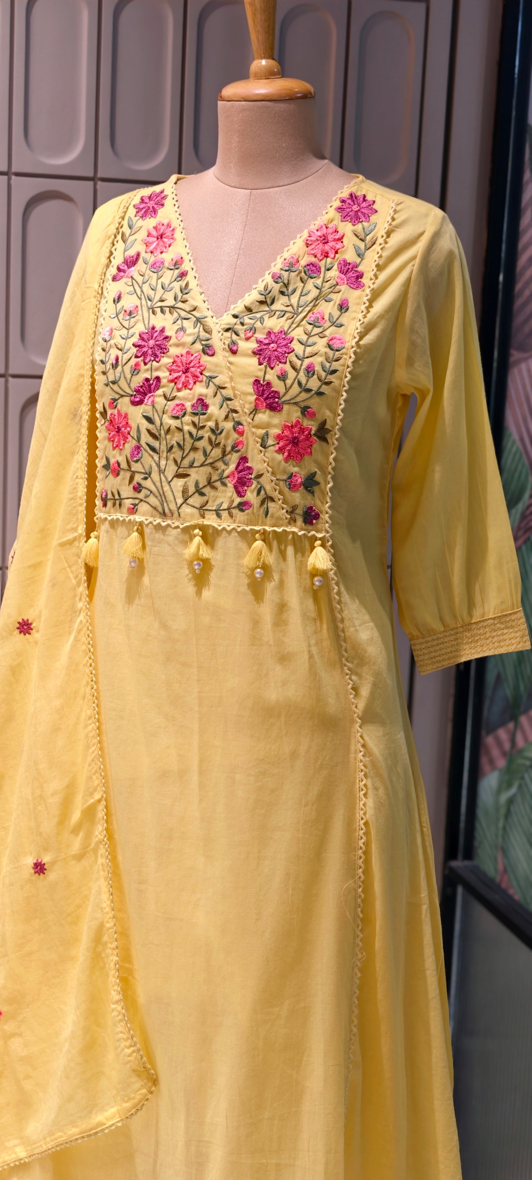 Mul Cotton A-Line Kurta Sets with Embroidered Yoke, Straight Pants and Dupatta-13881