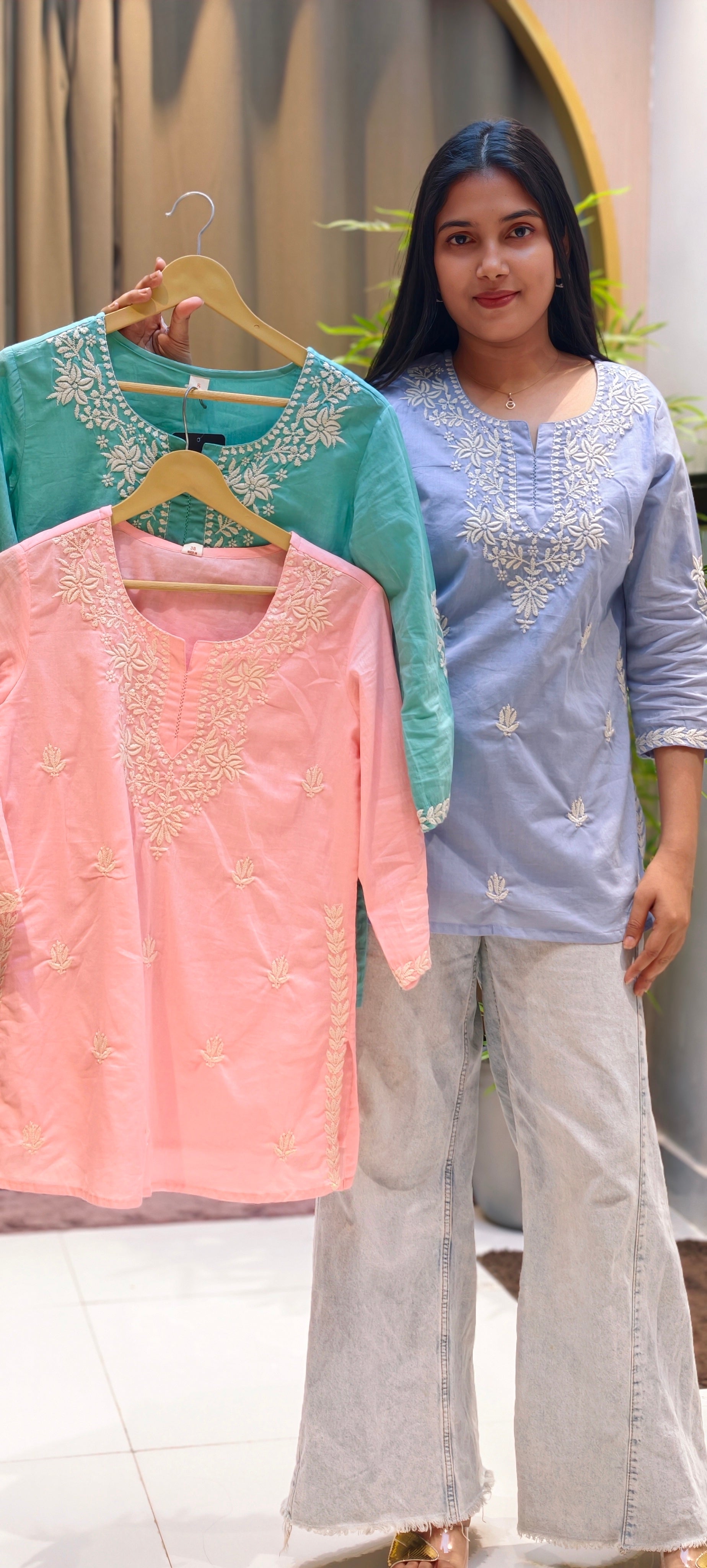 Floral Embroidered Round Neck Mul Cotton Short Kurti Top-13945 RB309