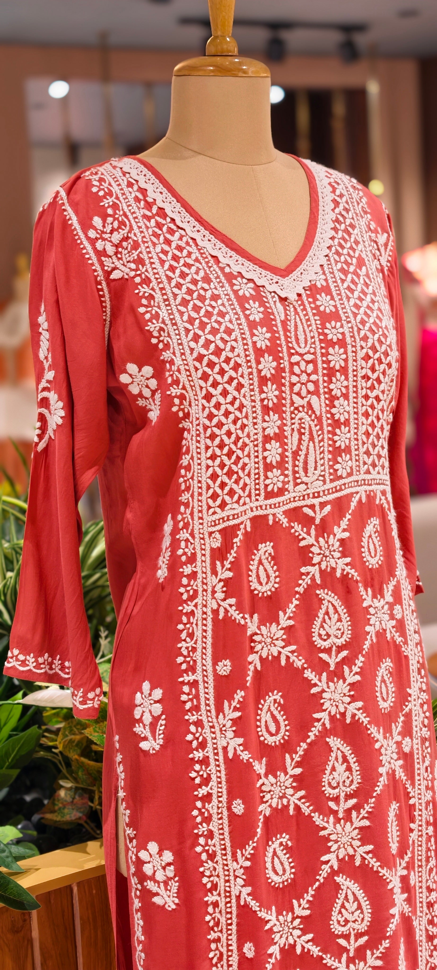 Beautiful Muslin Fabric without Lining  Lucknowi style kurta pant set with Intricate White Thread Embroidery -13947