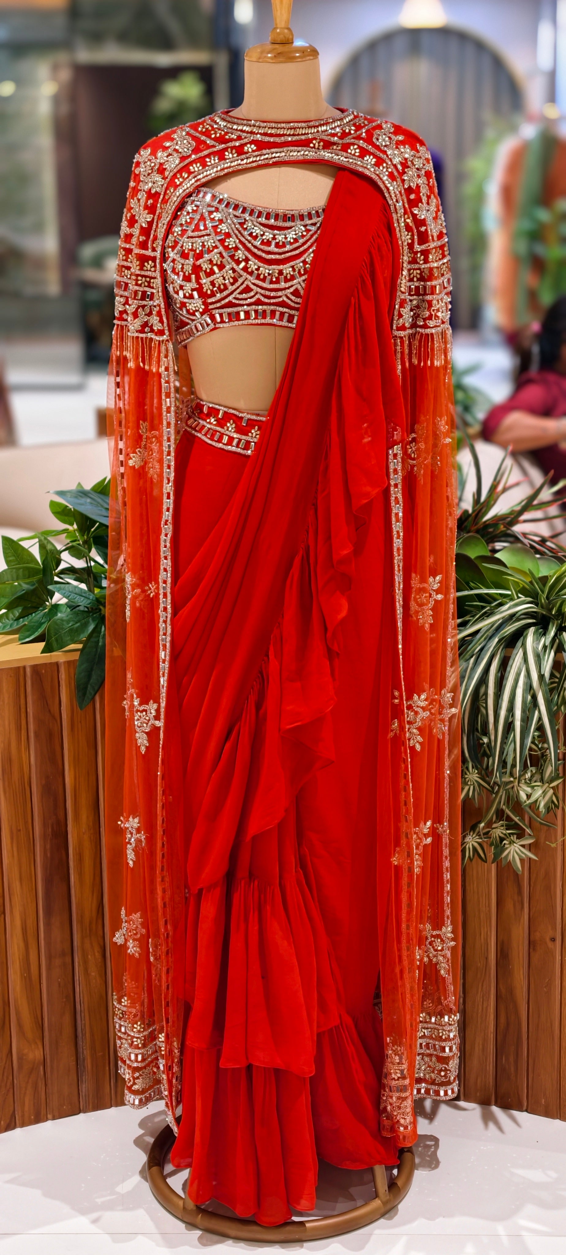 Elegant Rust Red Embroidered Drape Saree Set with Designer Cutwork Blouse & Ruffle Dupatta 14093 RB69
