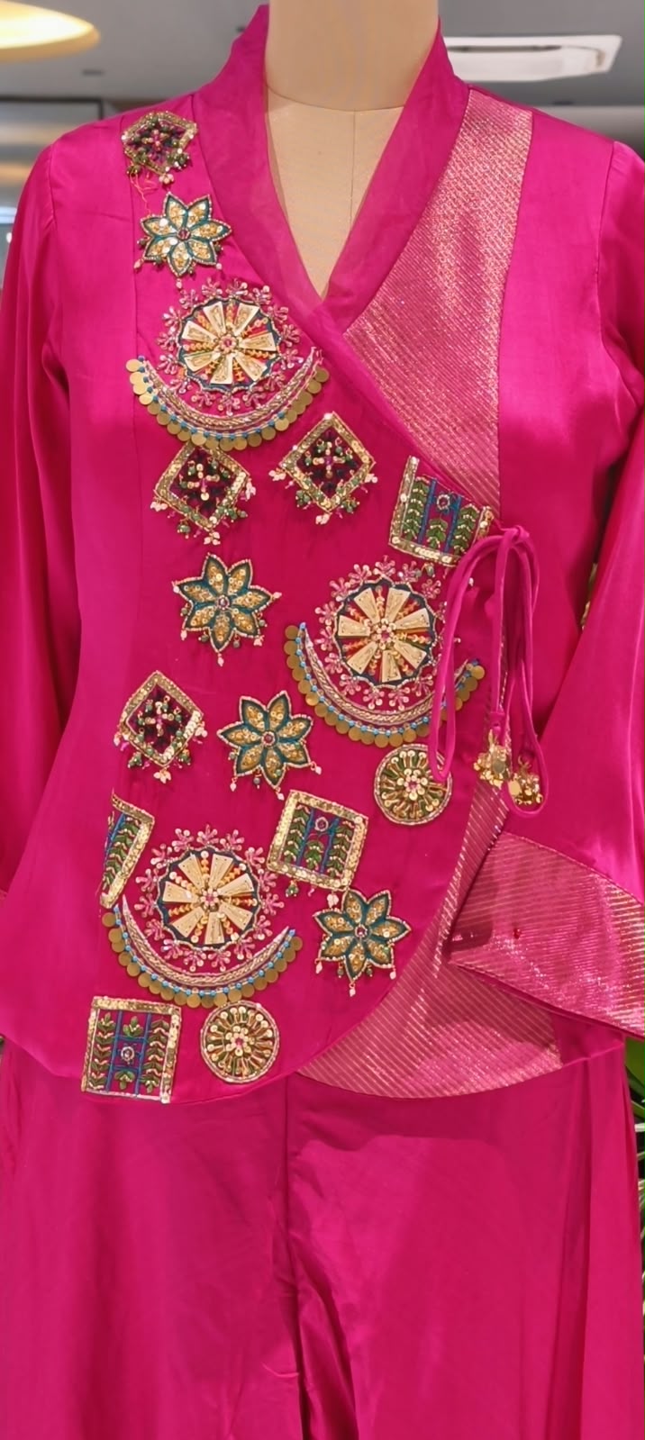Hot Pink Designer Indo-Western Palazzo Set with Multicolor Traditional Embroidery, Overlap Wrap-Style Topsilk 16746
