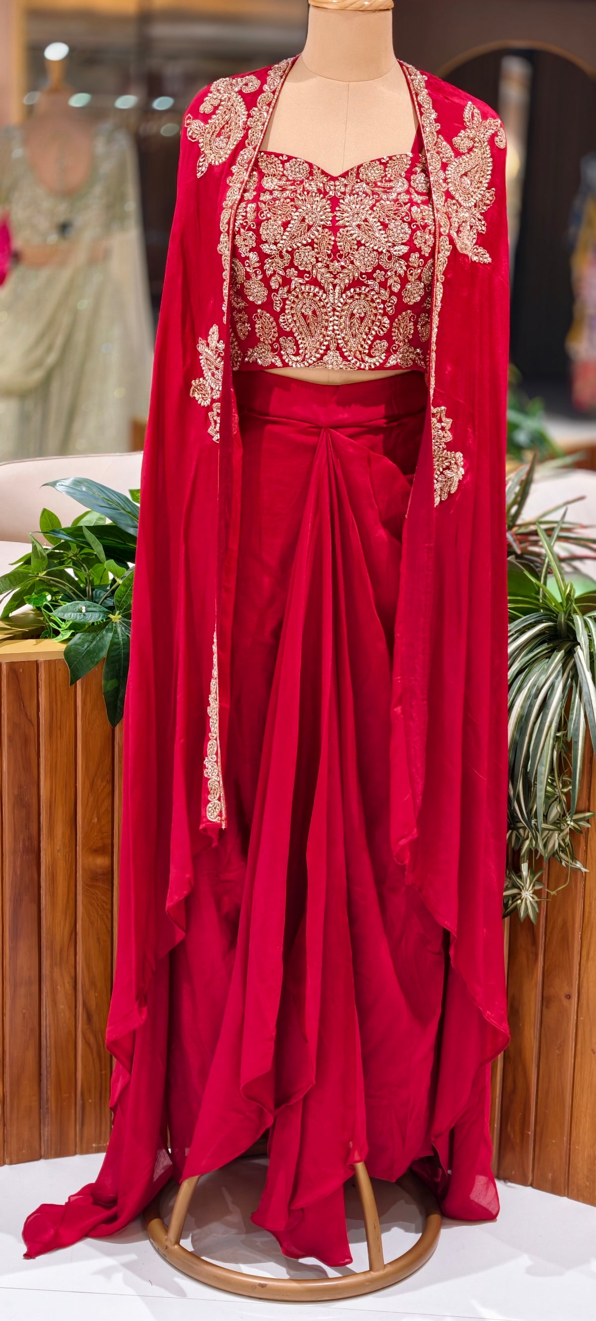 Luxury Chinon 3-Piece indowestern Heavy Embroidery,Crop Top with Dhoti & Flowing Cape 16826