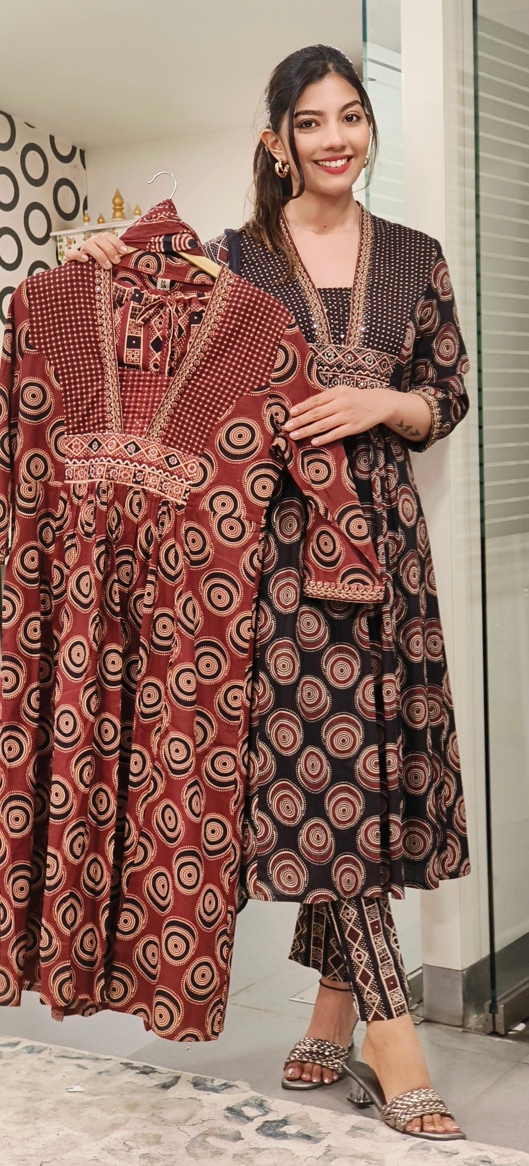 Elegant Pure Cotton Printed A-Line Kurta with V-Neckline, Coordinated Pants, and Dupatta – Perfect for Effortless Grace