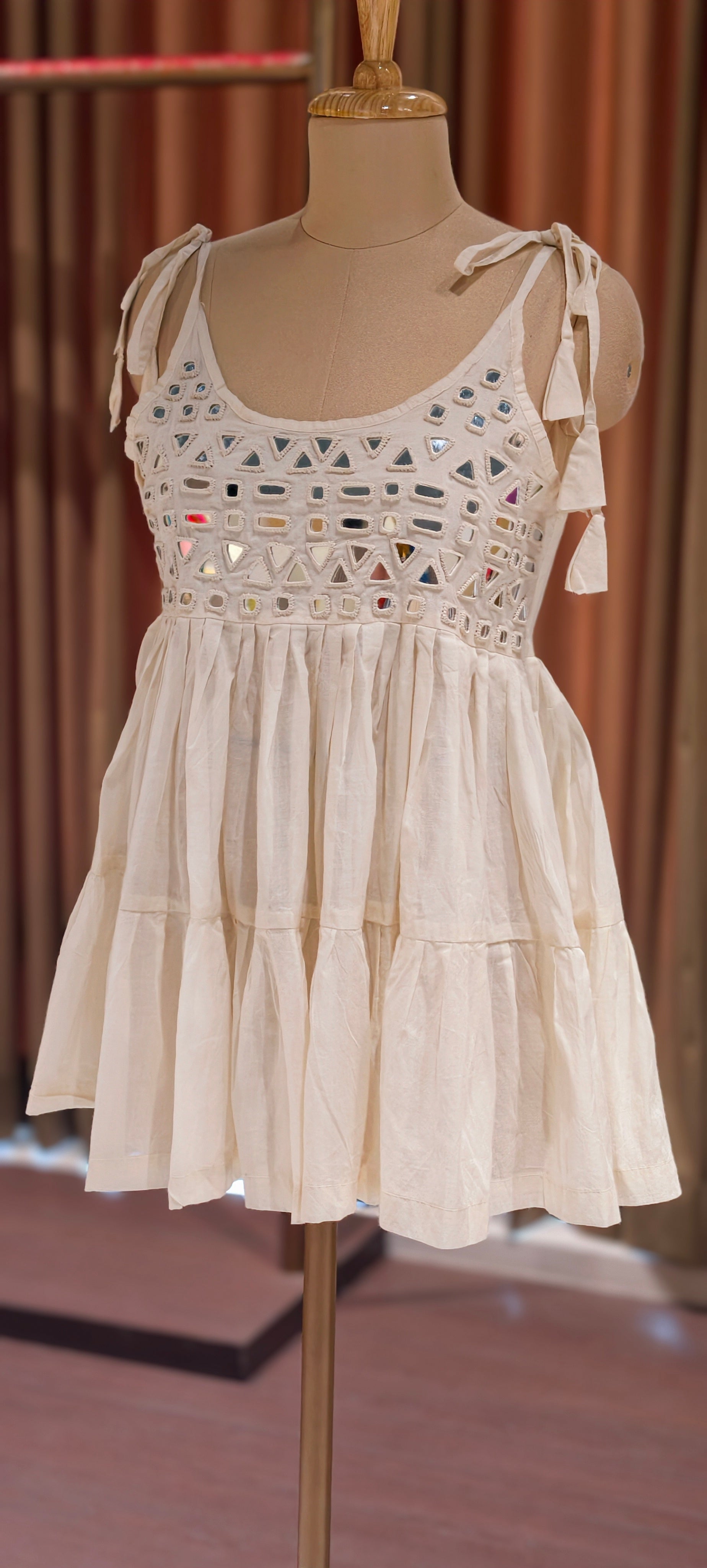 Elegant Cotton Mirror Work Short Peplum Kurti with Tie-Up Shoulder Straps-14178 RB176