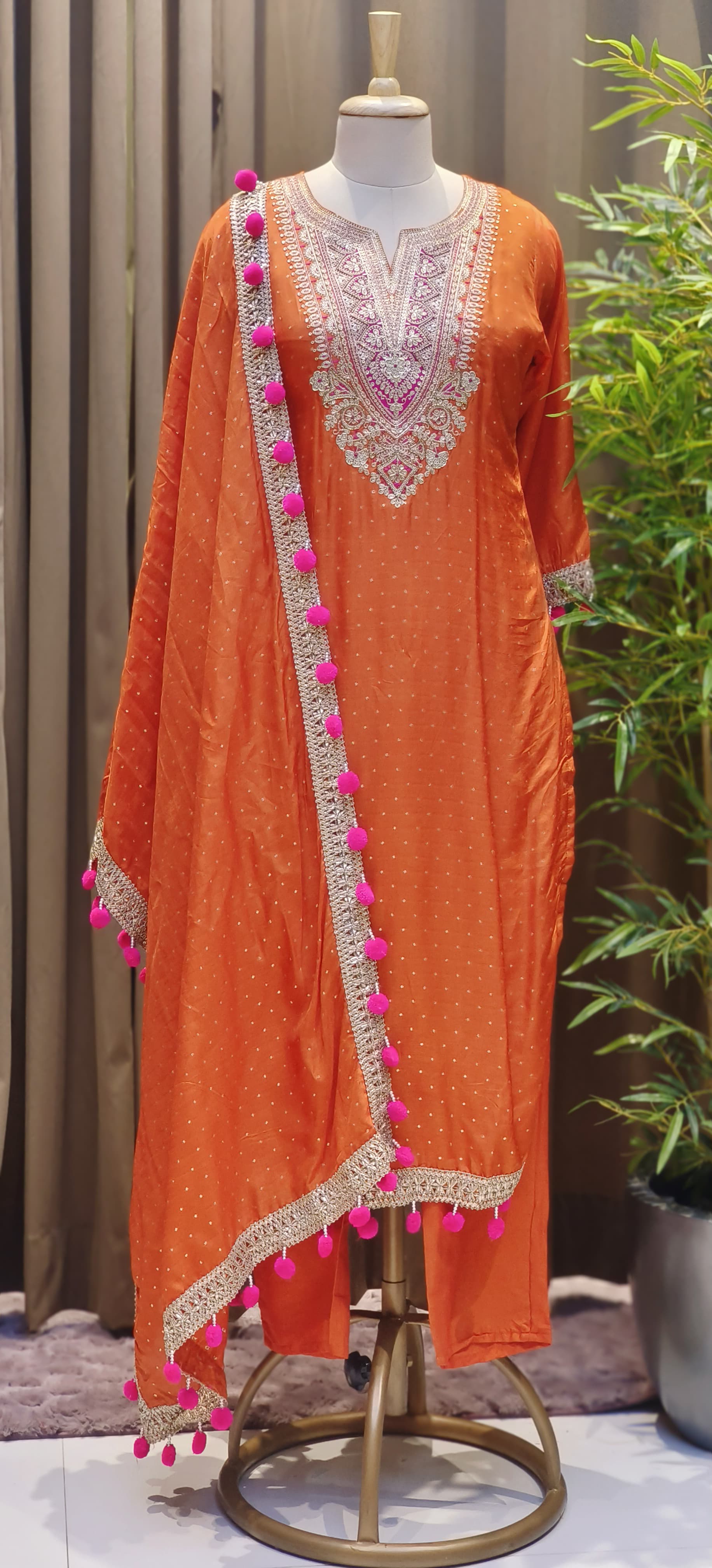 Dola Silk Embroidered Kurta Set with Heavy Zari & Thread Work Yoke, Matching Pants, and Pom-Pom Detailed Dupatta-12706,12705