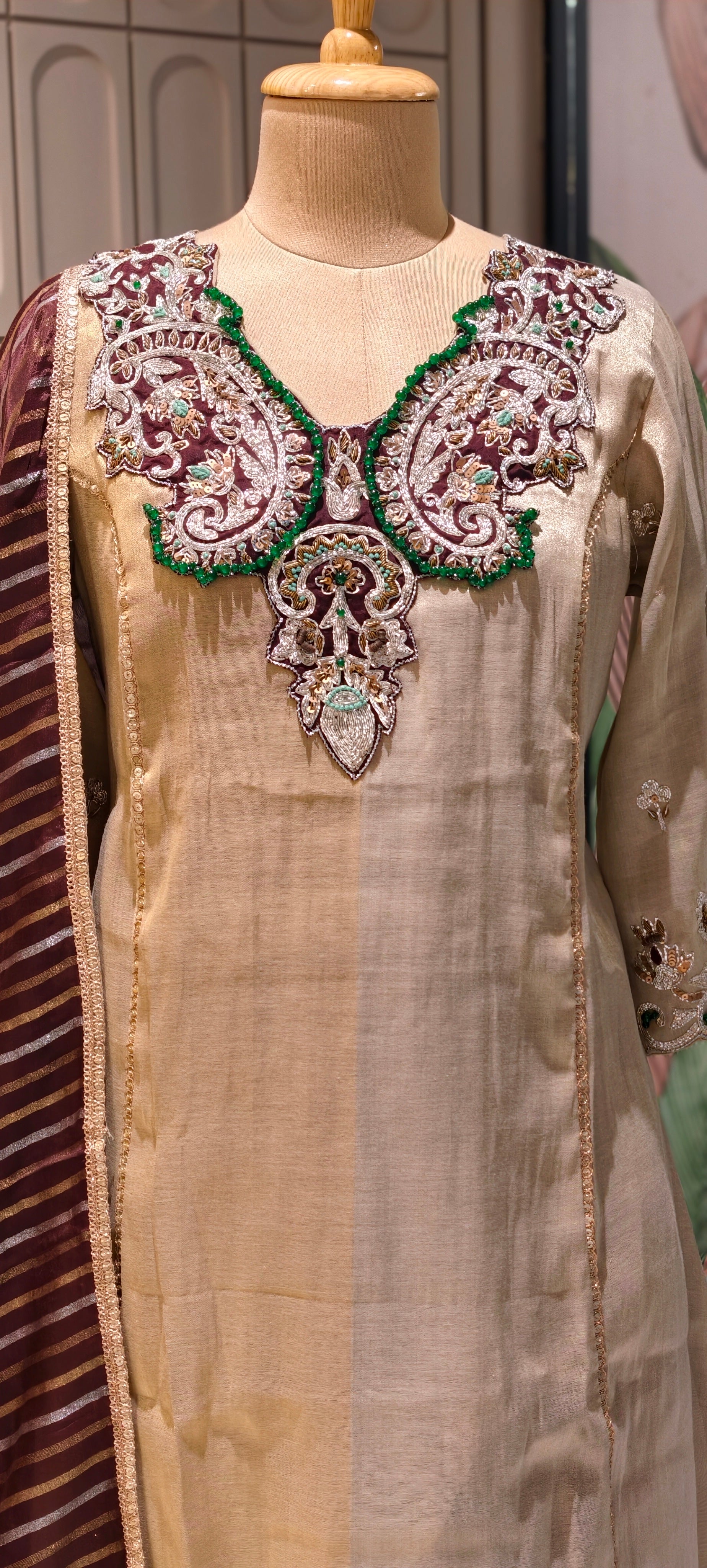 Luxury Designer Tissue Kurta Set with Hand Embellished Zari & Stone Work Neckline and Contrast  Dupatta-13809