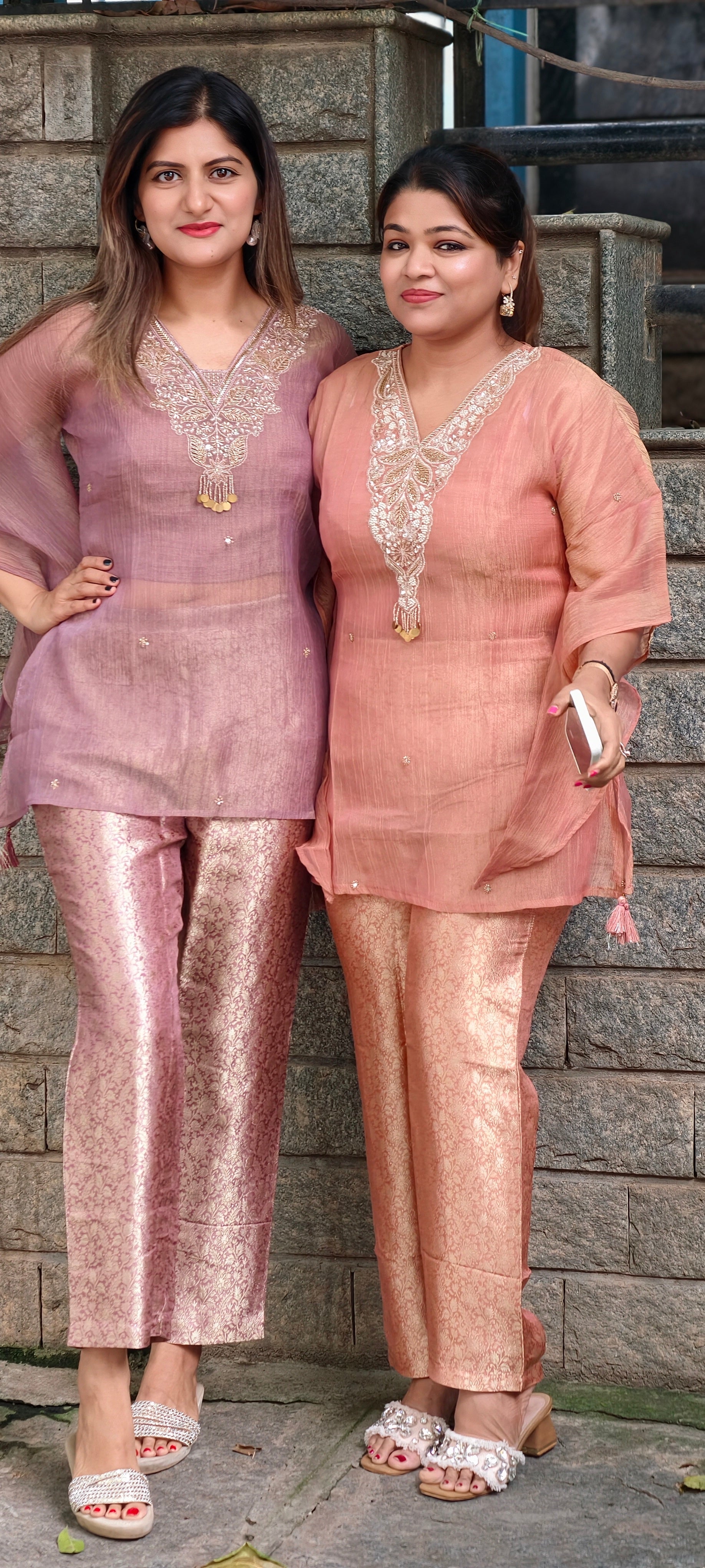Intricate Beads With Cut-Dana Embroidered Neckline Crush Tissue Kaftan Style Sleeve Co-Ord Set With Brocade Bottom- 15967