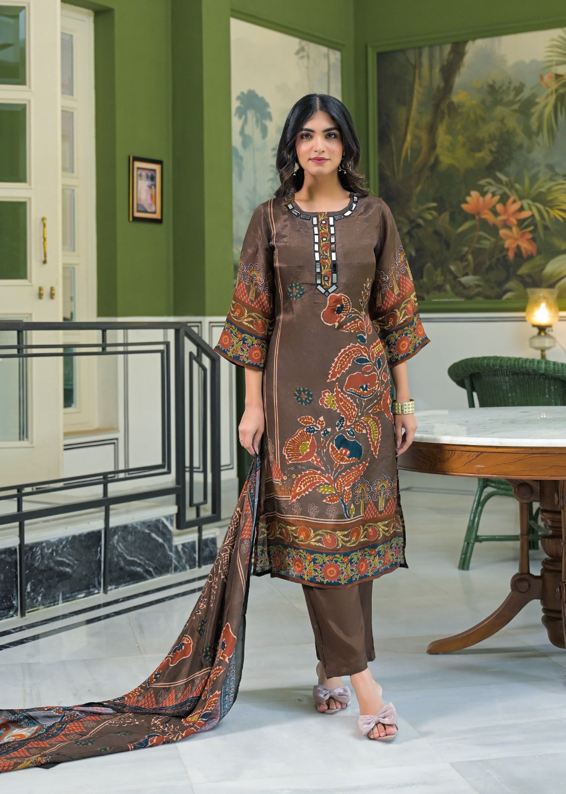 Premium Crepe Printed Suit Set With Real Mirror-Work Neckline, Designer Sleeves & Matching Dupatta-12810,12808