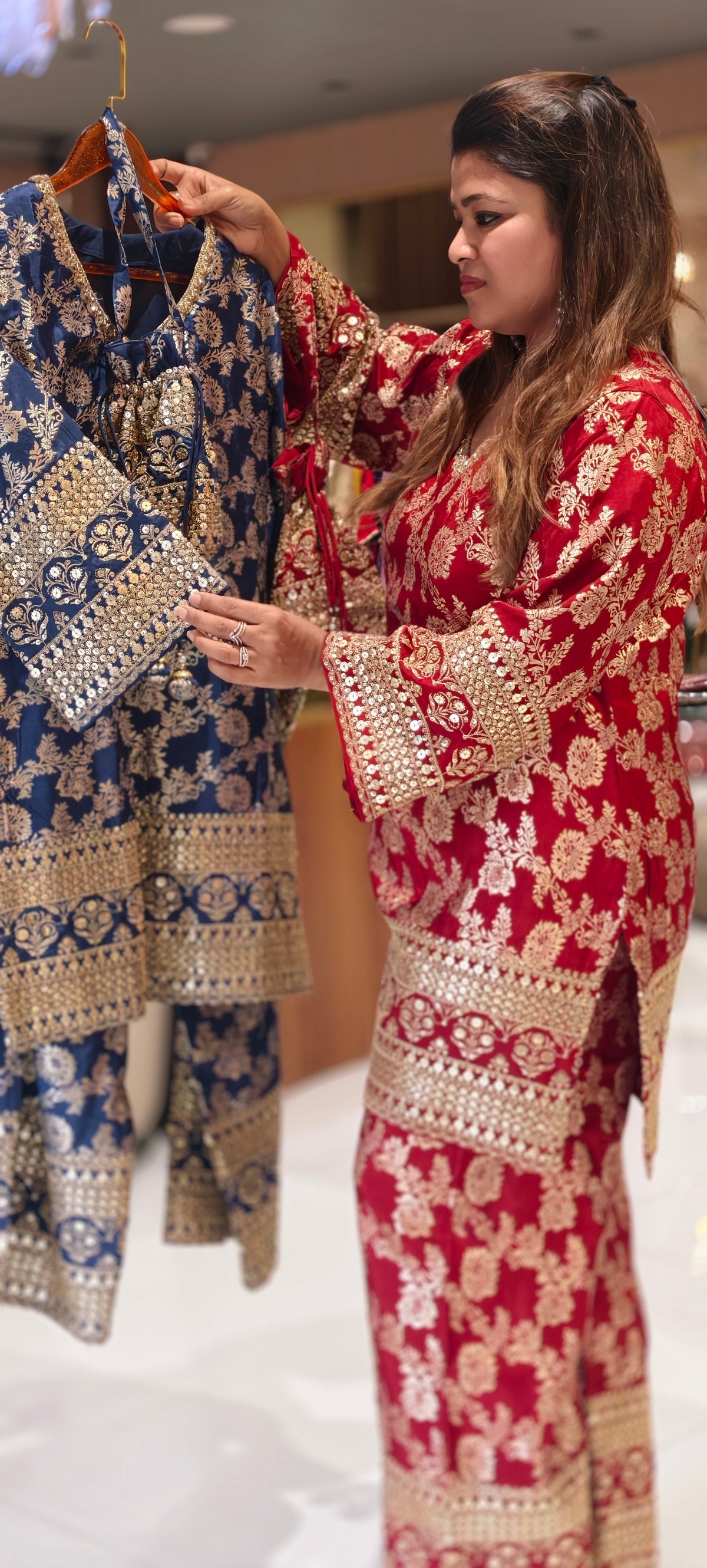 Royal Gold Foil Floral Printed Brocade Kurta Set with Heavily Embroidered Borders, Wide-Leg Palazzo Pants & Matching Potli Bag- 16868