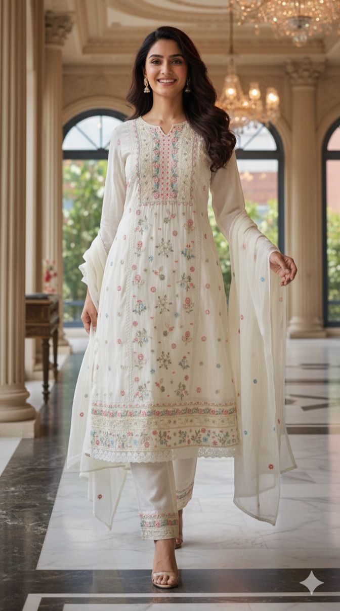 Surat Mulchanderi Embroidered kurta with Bottom And Dupatta-11637