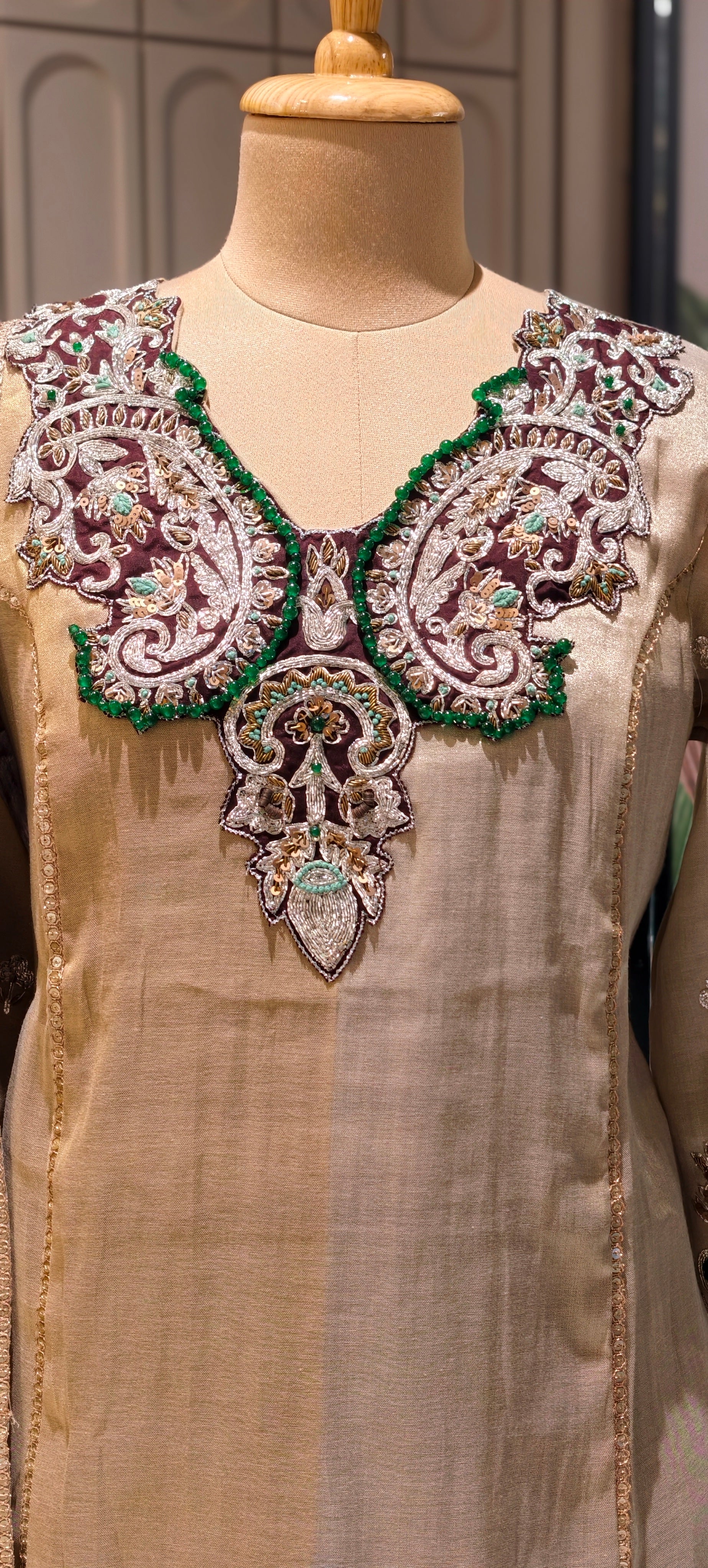 Luxury Designer Tissue Kurta Set with Hand Embellished Zari & Stone Work Neckline and Contrast  Dupatta-13809