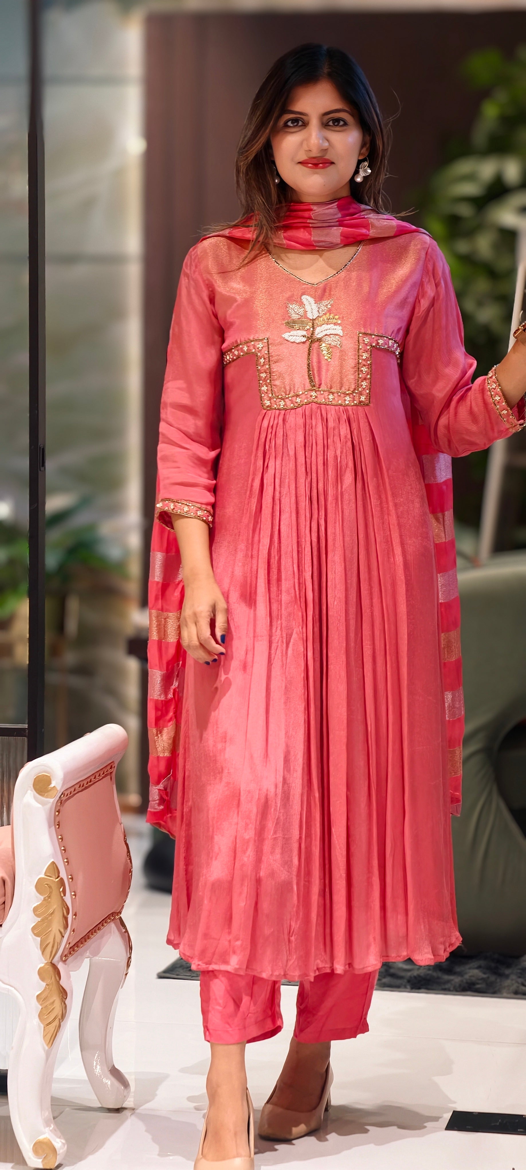 Ghoomar Palm Inspired Embroidered Yoke Chinon Matching Anarkali Full Suit Set With Dupatta- 15235