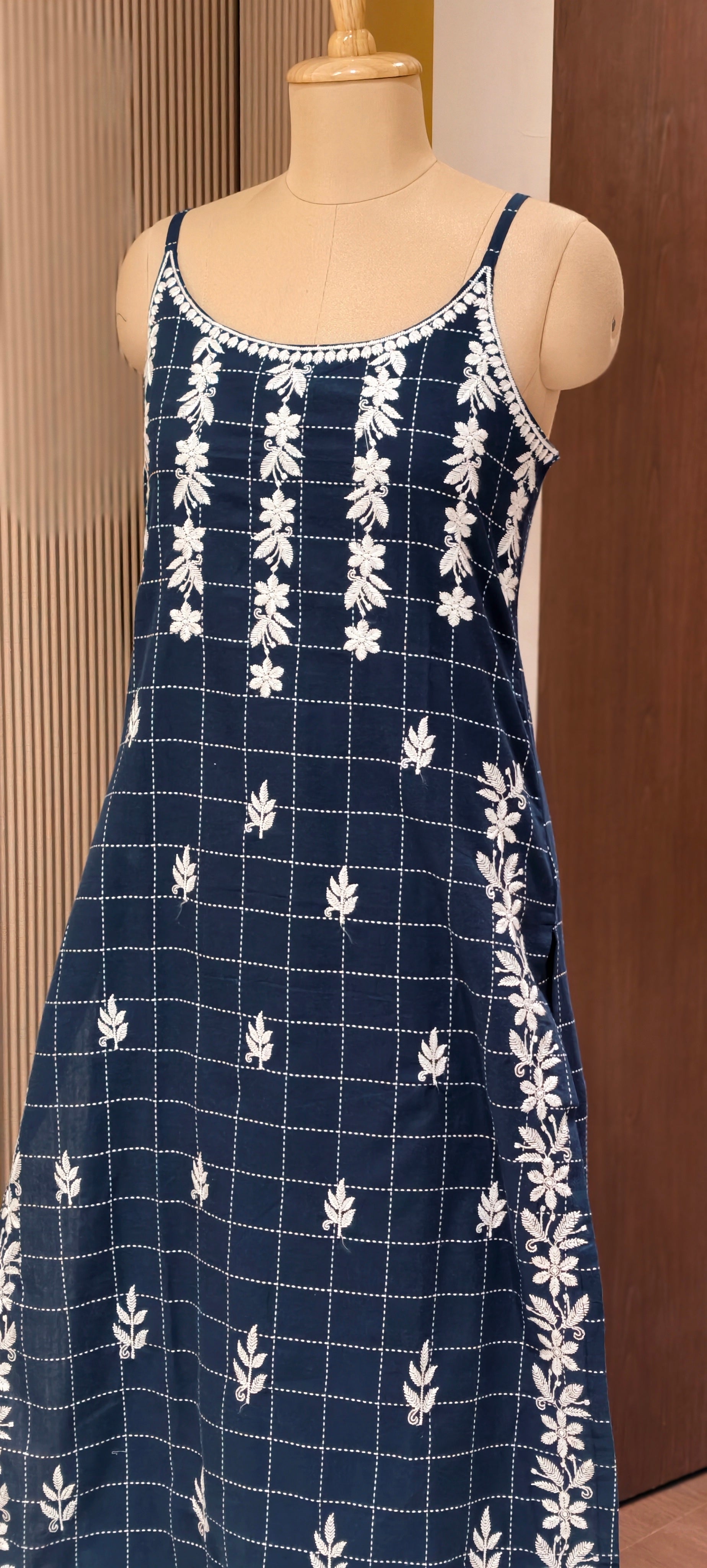 Checks Indigo Handloom Cotton Noodle Strap Kurta Set with Floral Buta Print Loose Pants-14189 RB172