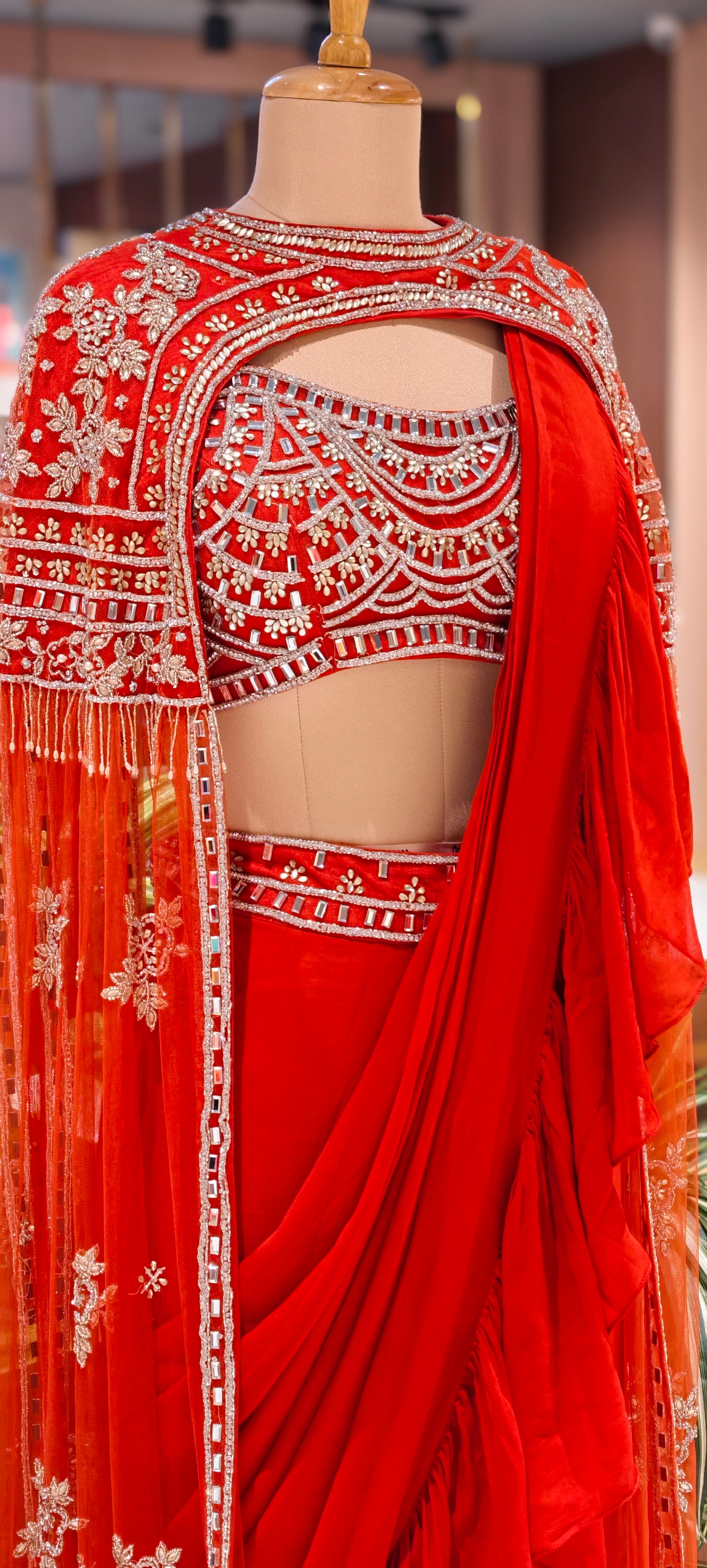 Elegant Rust Red Embroidered Drape Saree Set with Designer Cutwork Blouse & Ruffle Dupatta 14093 RB69