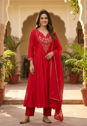 Pure mulchanderi Kali Cut Aline Full Suit Set With Embroidered Yoke 16219