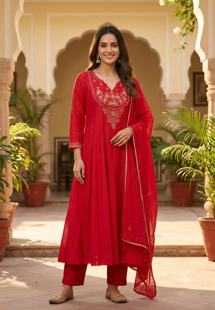 Pure mulchanderi Kali Cut Aline Full Suit Set With Embroidered Yoke 16219