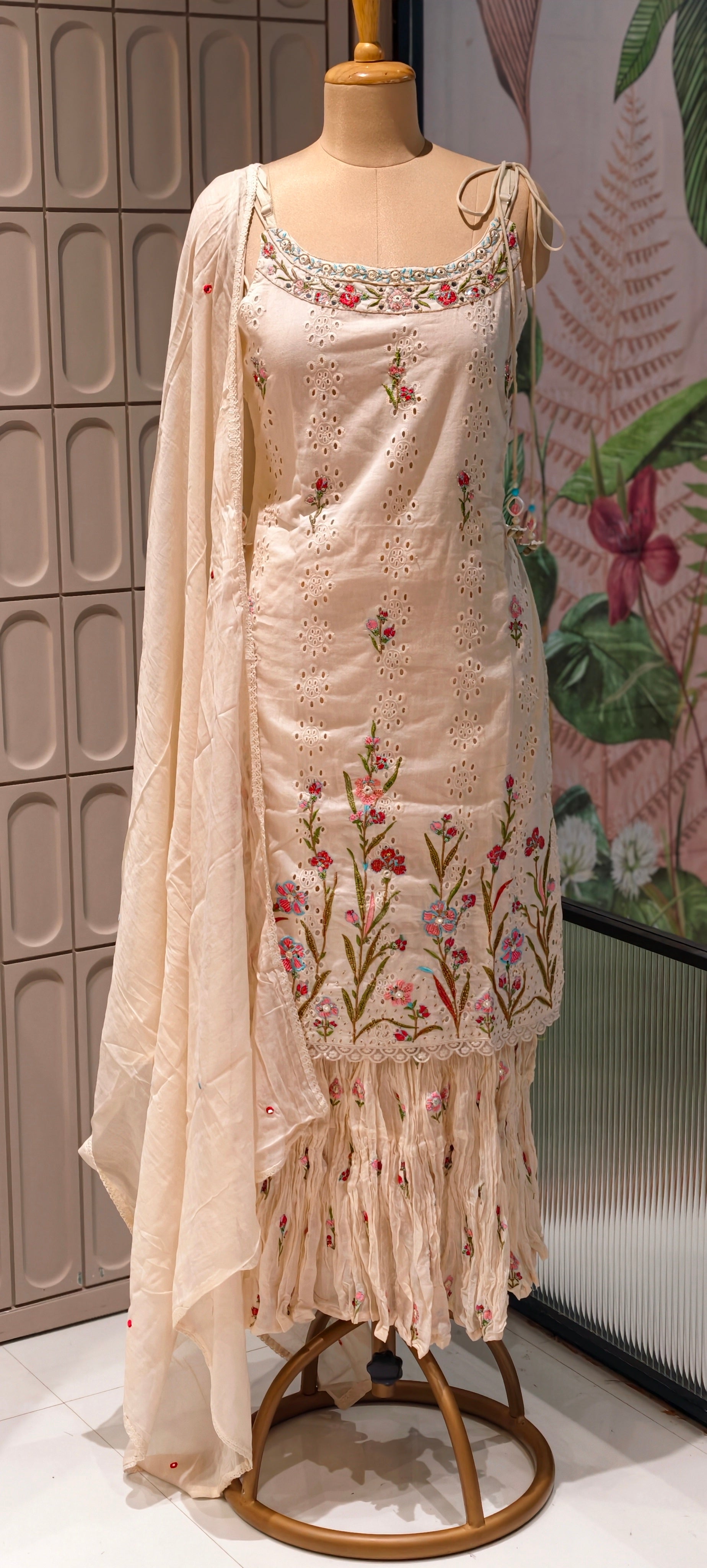 Elegant Sleeveless Noodle Strap Kurti with Skirt Set – Floral Embroidered Designer Suit 13959 RB14