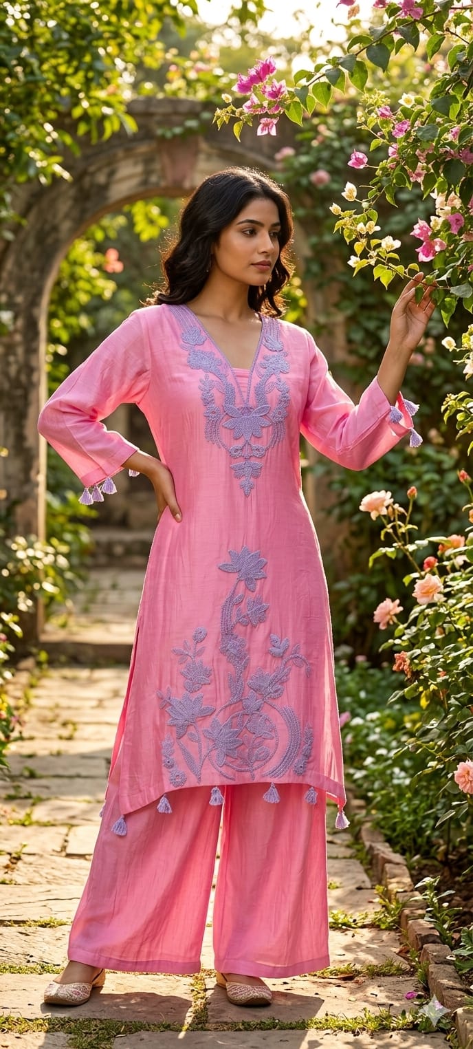 Premium Thread Embroidery Elegant High Low Tassel Accent Kurta Pant Set- 14404