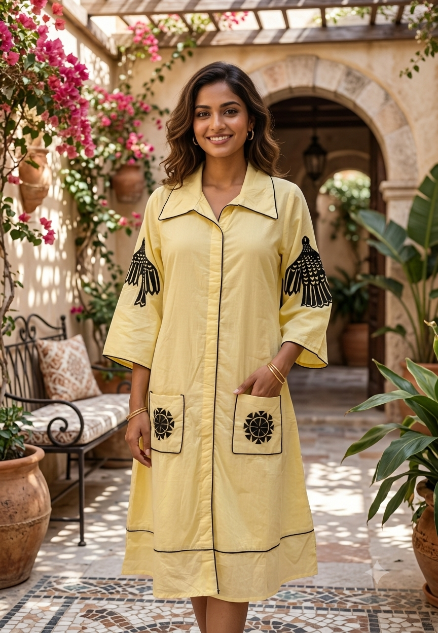 Summer Graceful Shade Bold Embroideries Collared Imported Wetsern Dress- 15825