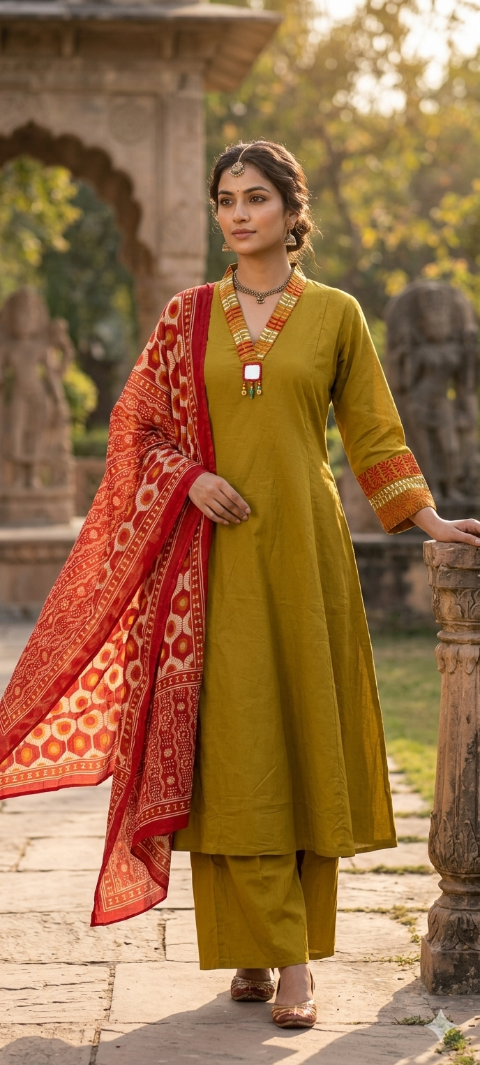 Premium Cotton Ethnic Suit Set with Ajrakh Printed Dupatta & Statement Neck Detailing 13915 RB38